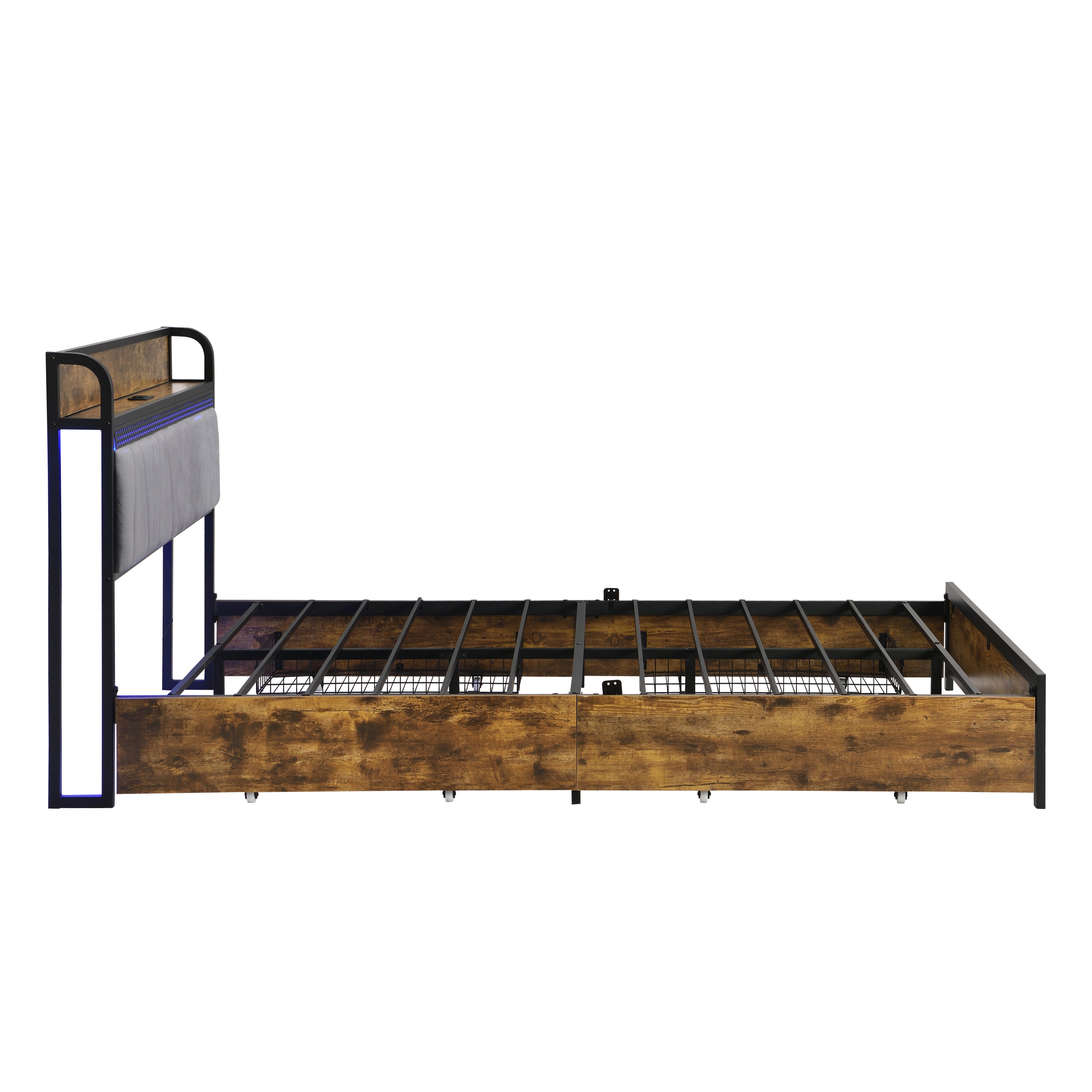 HAOYYE Full Size Bed Frame with Storage Headboard, Charging Station, LED Lights, and Four Drawers, Brown and Gray, Sturdy Space-Saving Design, Heavy Duty Construction, Modern Stylish Home Furniture