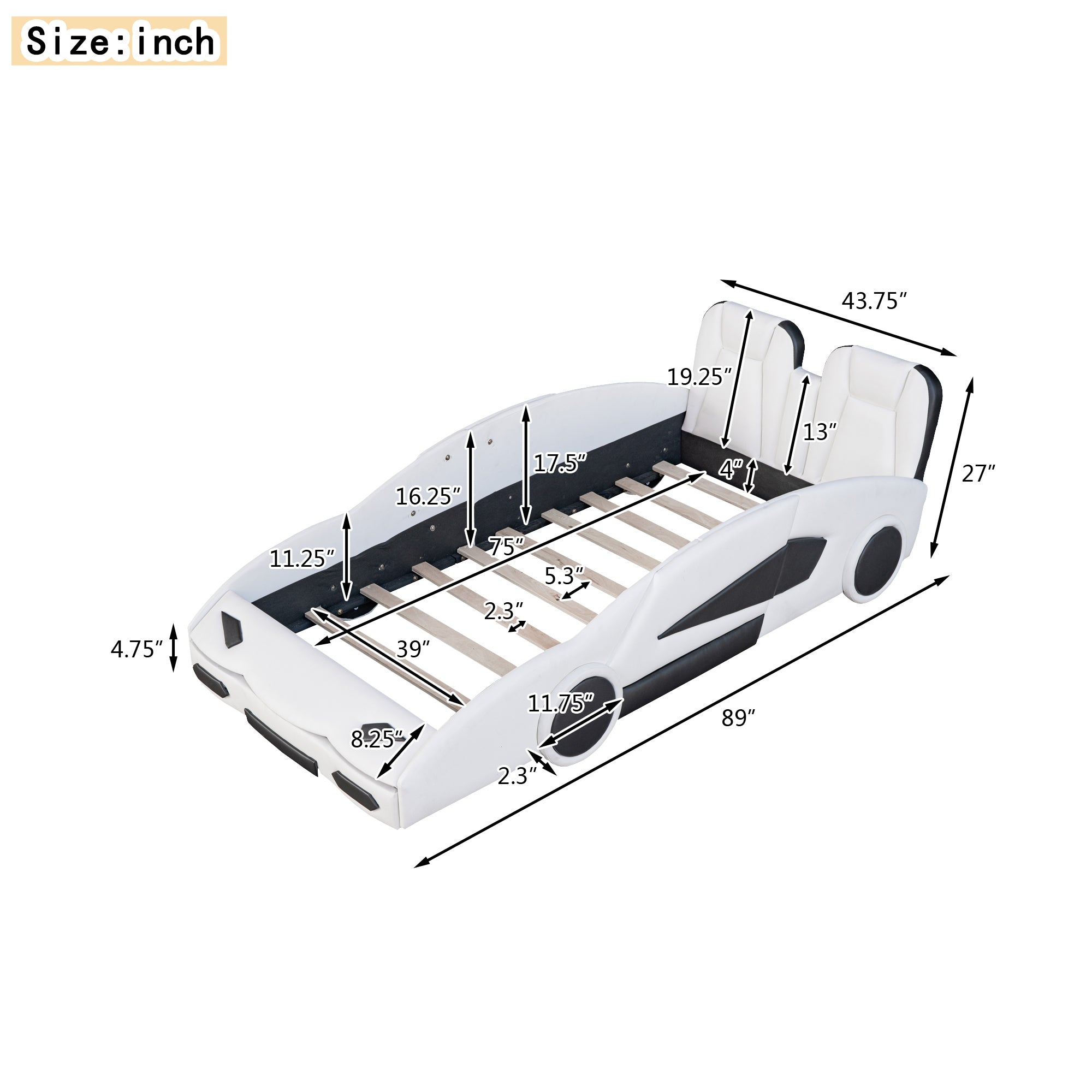 HAOYYE Twin Size Race Car-Shaped Platform Bed with Wheels, White Sturdy Space-Saving Heavy Duty Modern Design Adults Dorm Room Easy Assembly Bedroom Furniture