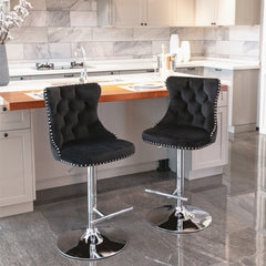 HAOYYE Adjustable Swivel Velvet Barstools with Tufted Backs, Seat Height 25-33 Inches, Chrome Base, Comfortable Upholstered Modern Design for Kitchen Island or Home Pub, Black