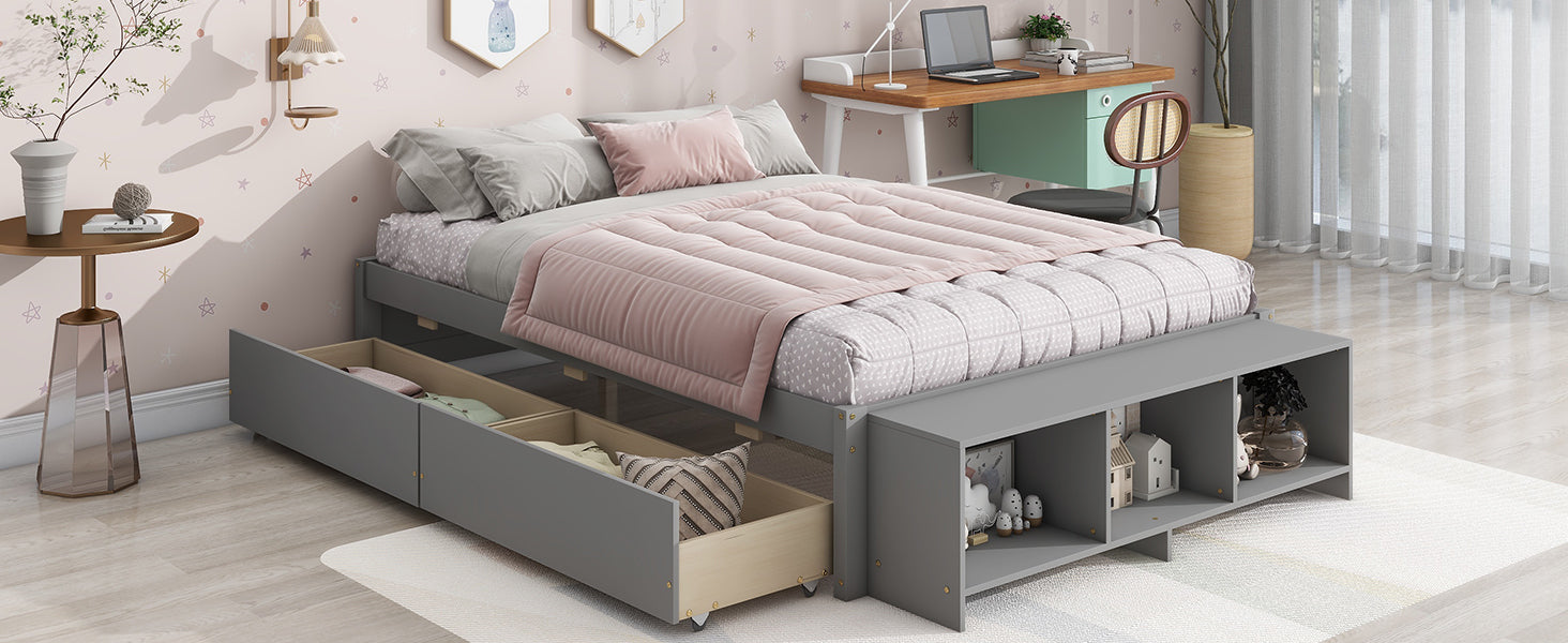 HAOYYE Full Size Bed with Storage Case, 2 Storage Drawers, Lengthwise Support Slat, Grey Heavy Duty Sturdy Bed Frame, Space-Saving Modern Design, Easy Assembly, Durable Stylish Home Furniture, Versatile Bedroom Storage Solution.