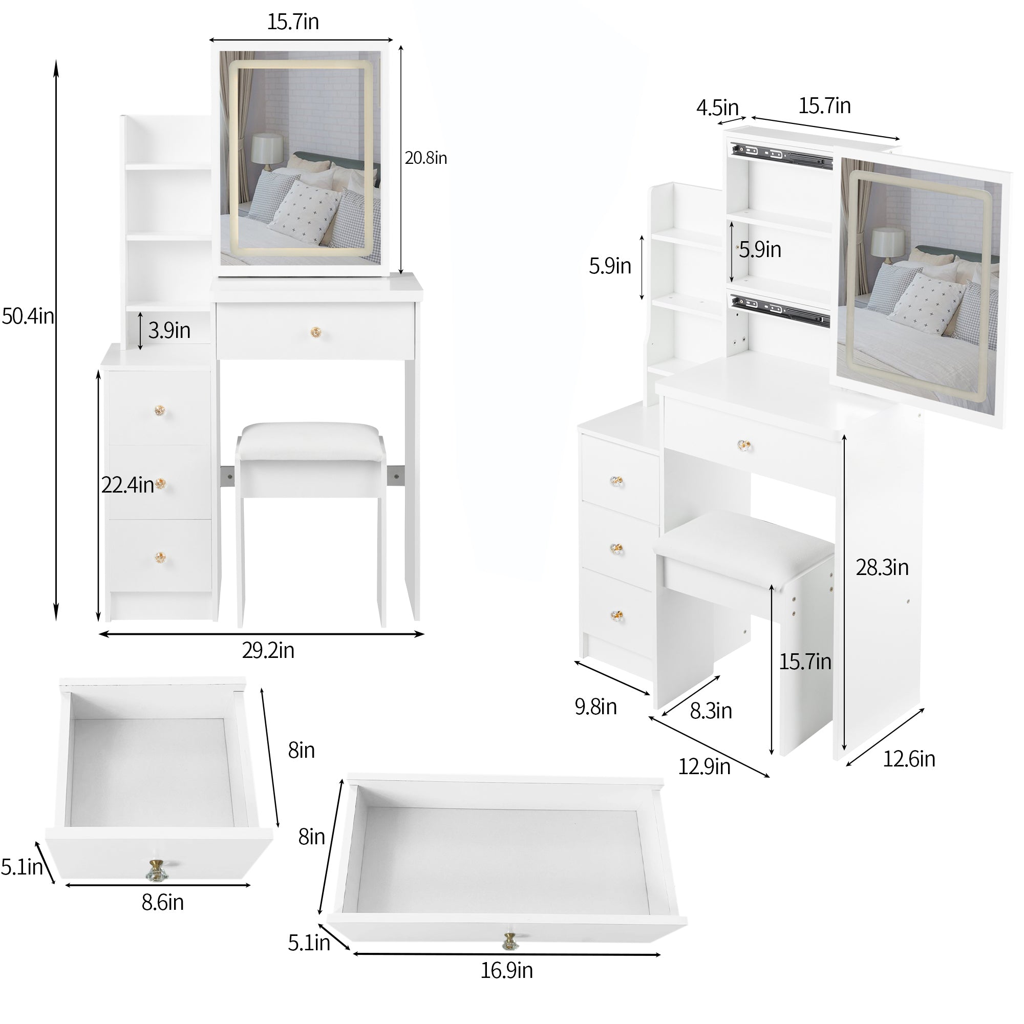 HAOYYE Small Vanity Table Set With Touch Control Sliding LED Mirror, Tri-Color Switching, Adjustable Brightness, Multi-Layer Storage, Includes Cushioned Stool, Ideal For Compact Spaces, EPA, GCC, And UL Certified