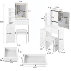 HAOYYE Small Vanity Table Set With Touch Control Sliding LED Mirror, Tri-Color Switching, Adjustable Brightness, Multi-Layer Storage, Includes Cushioned Stool, Ideal For Compact Spaces, EPA, GCC, And UL Certified