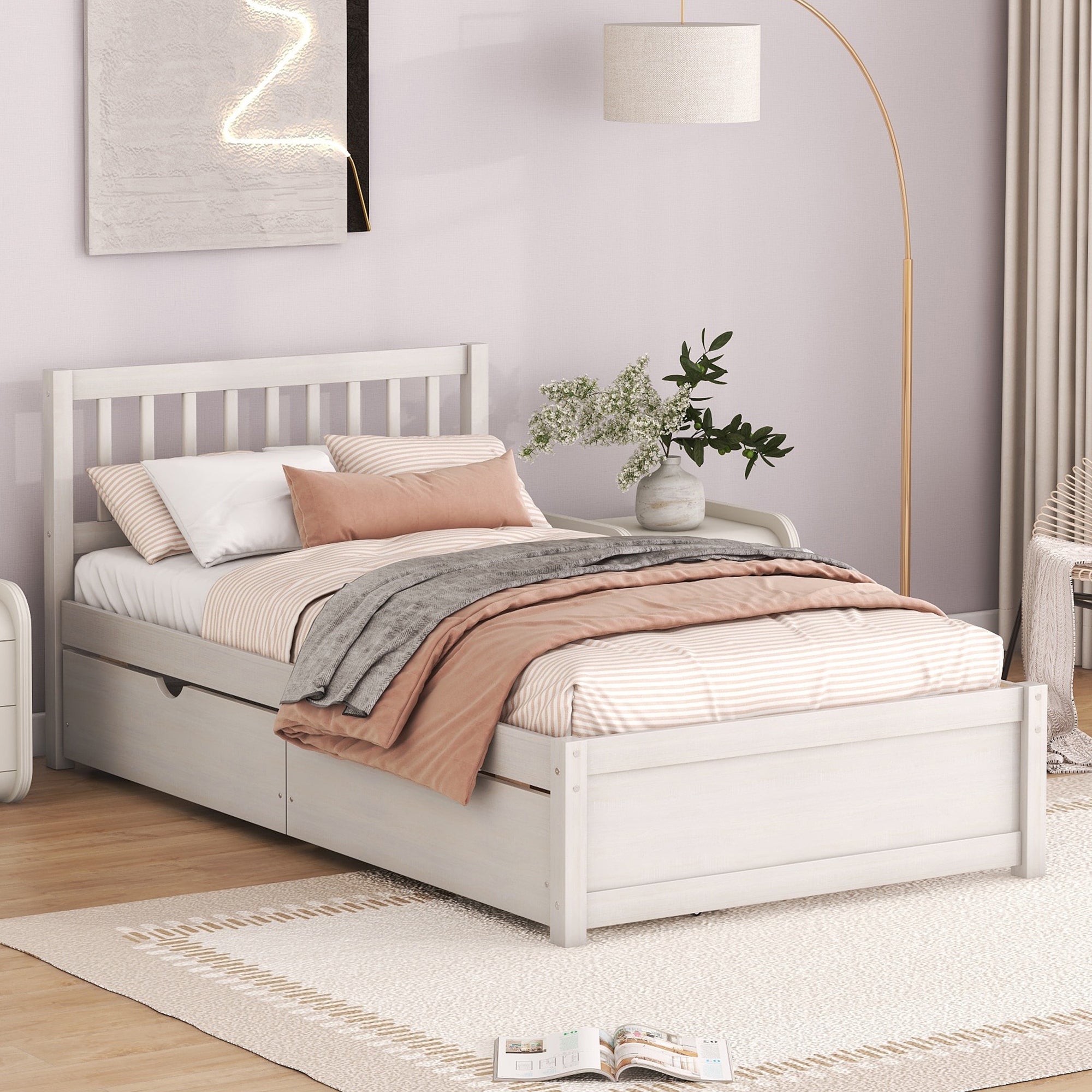 HAOYYE Modern Design Wooden Platform Bed with Two Drawers for White Washed Color Home Furniture Featuring Sturdy Heavy Duty Build, Space Saving Design, Easy Assembly, Durable Quality, Stylish Contemporary Aesthetic and Versatile for Any Living Space