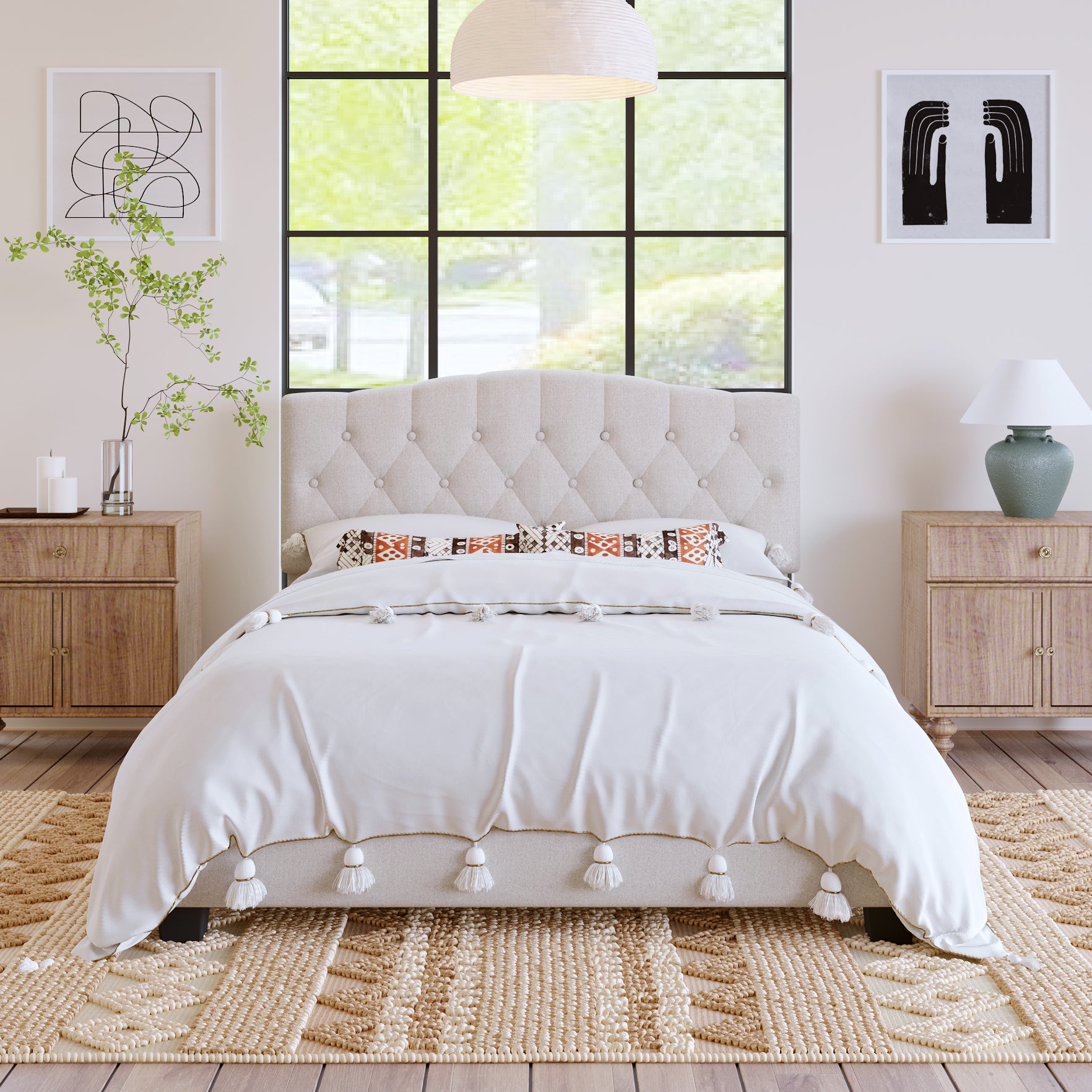 HAOYYE Upholstered Platform Bed with Saddle Curved Headboard and Diamond Tufted Details, Queen, Beige Sturdy Space-Saving Heavy Duty Modern Design Adults Dorm Room Easy Assembly Bedroom Furniture