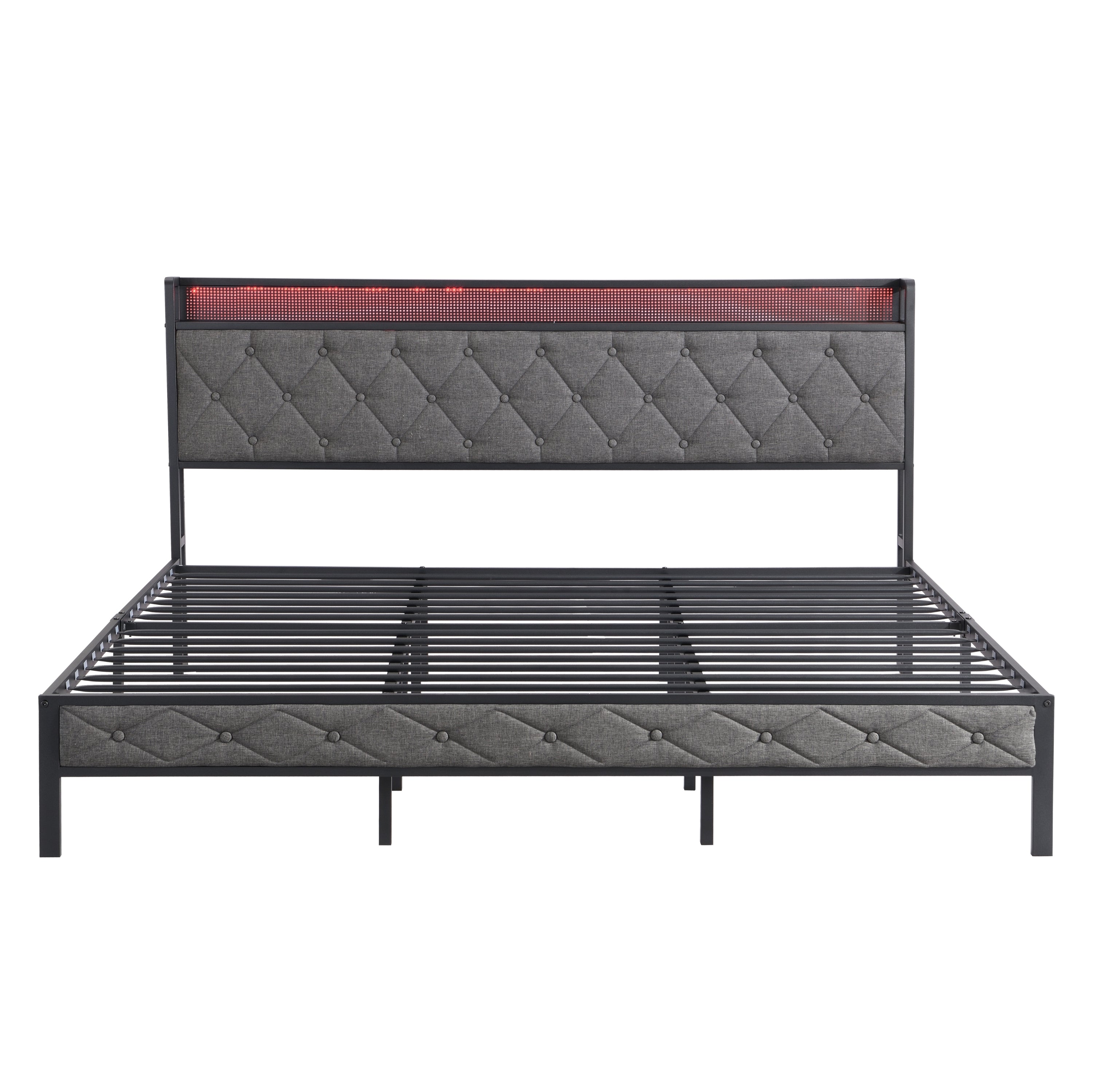 HAOYYE King Bed Frame with Storage Headboard, Charging Station and LED Lights, Upholstered Platform Bed with Heavy Metal Slats, No Box Spring Needed, Noise Free, Easy Assembly, Dark Gray Sturdy Space-Saving