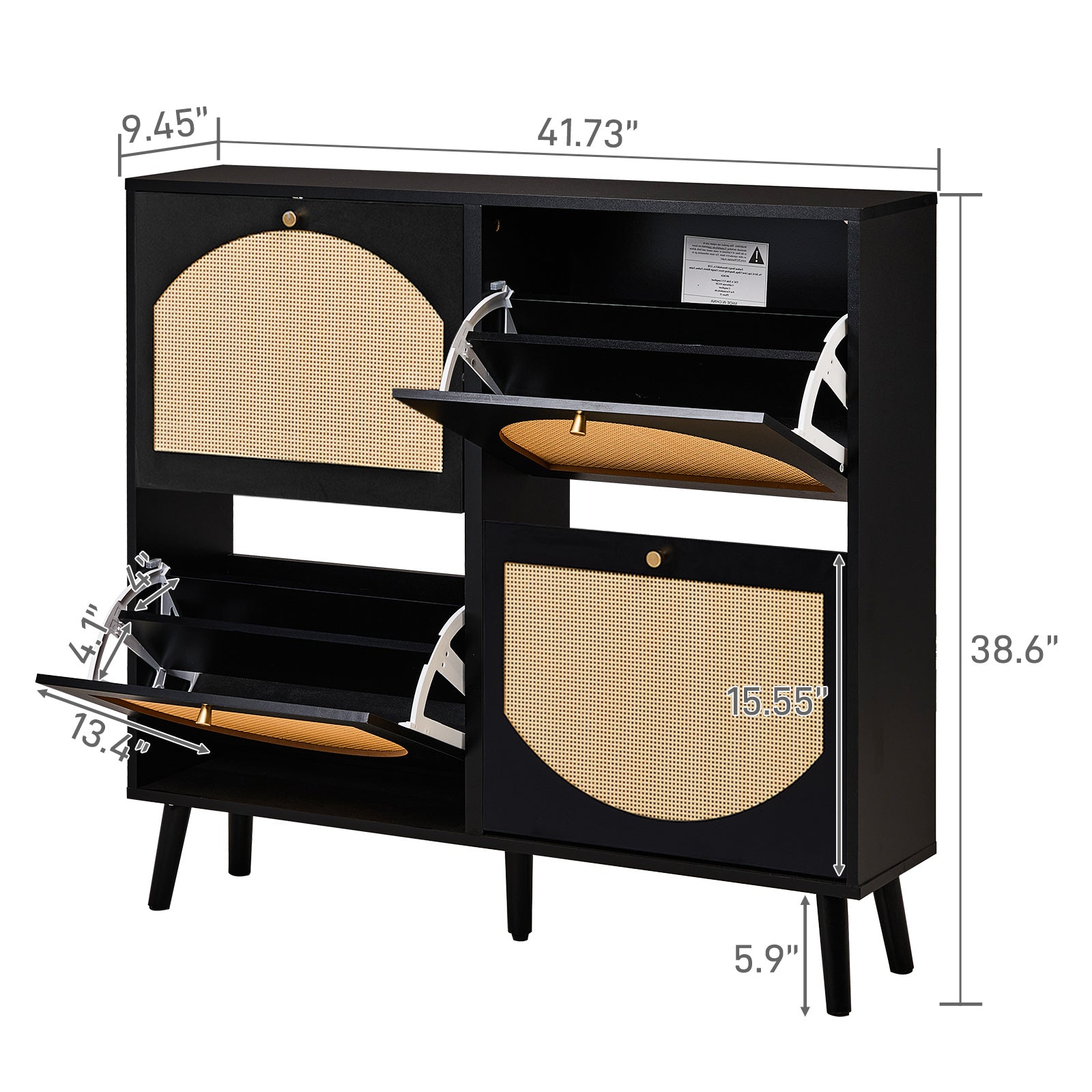 HAOYYE Rattan Shoe Cabinet with 2 Rows of 4 Flip Drawers, Arched High Legs, Black Metal Frame and Natural Wood-Look Panels, Modern Particle Board Storage Organizer for Entryway, Hallway, Bedroom