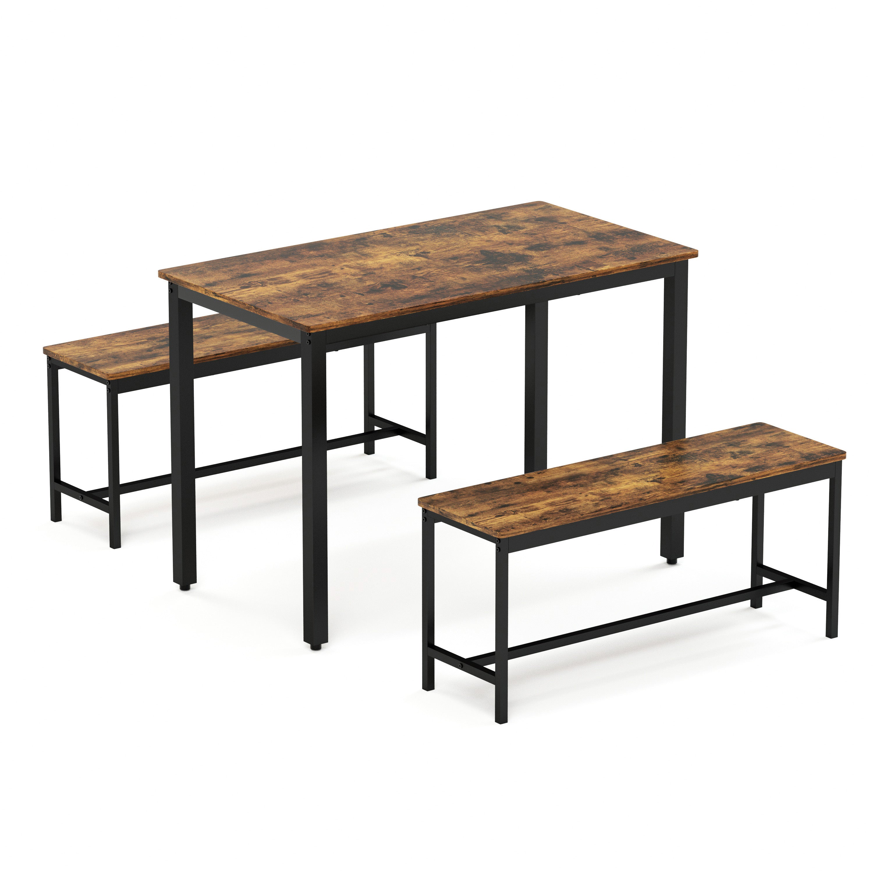 HAOYYE Dining Table Set with 2 Benches, Industrial Bar Table with Chairs for Kitchen, Breakfast Nook, Living Room, Party Room, Rustic Brown & Black, Sturdy Space-Saving Design for Small Spaces, Modern Home Furniture