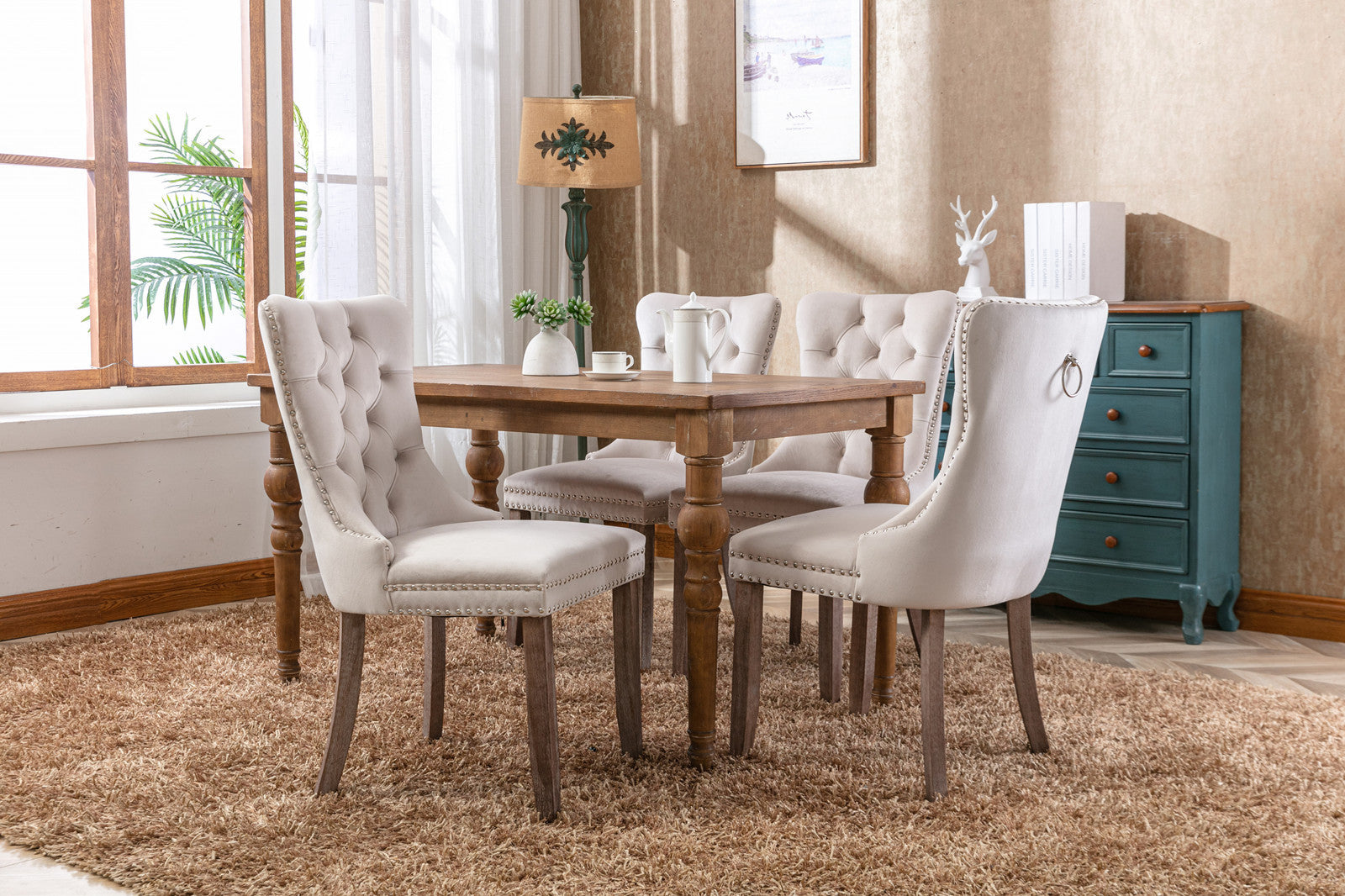 HAOYYE High-end Tufted Solid Wood Contemporary Velvet Upholstered Dining Chair with Wood Legs Nailhead Trim 2-Pcs Set,Beige, SW2001BG Sturdy Space-Saving Heavy Duty Modern Design