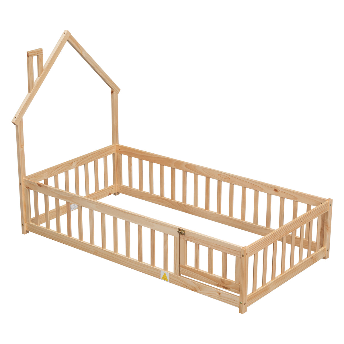 HAOYYE Twin House-Shaped Headboard Floor Bed with Fence ,Natural Sturdy Space-Saving Heavy Duty Modern Design Adults Dorm Room Easy Assembly Bedroom Furniture