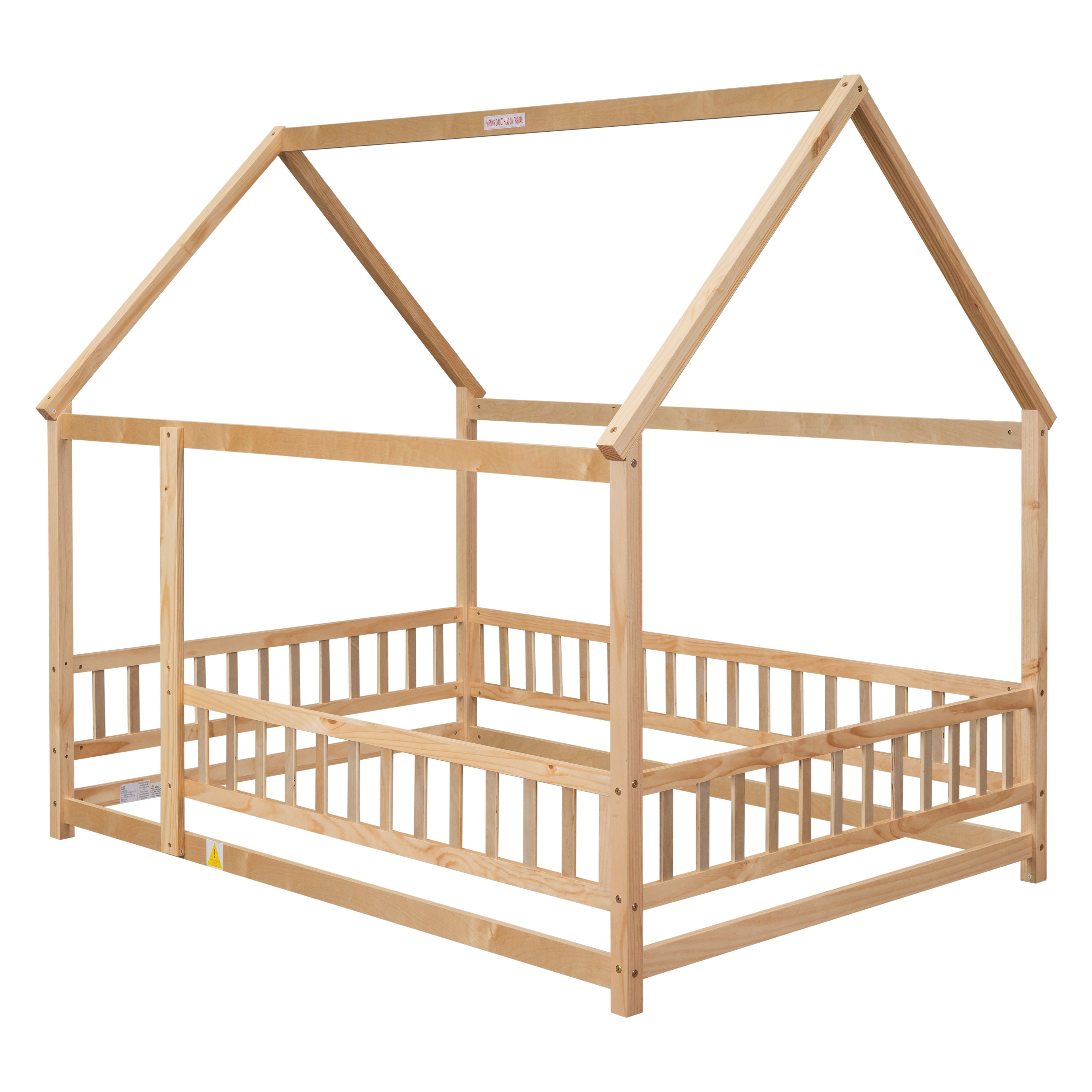HAOYYE Full Size Floor Wooden Bed with House Roof Frame, Fence Guardrails ,Nartural Sturdy Space-Saving Heavy Duty Modern Design Adults Dorm Room Easy Assembly Bedroom Furniture