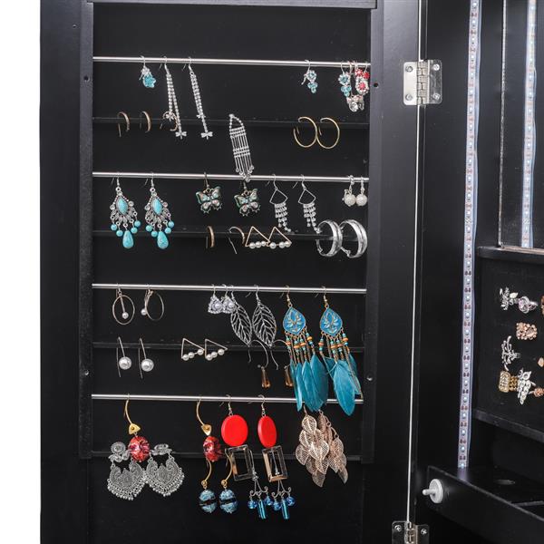 HAOYYE Jewelry Storage Cabinet With Blue LED Light, Upright Jewelry Organizer Cabinet Featuring Full-Length Mirror, Multiple Compartments For Necklaces, Rings, Earrings, Bracelets, Durable Black Finish For Home Use