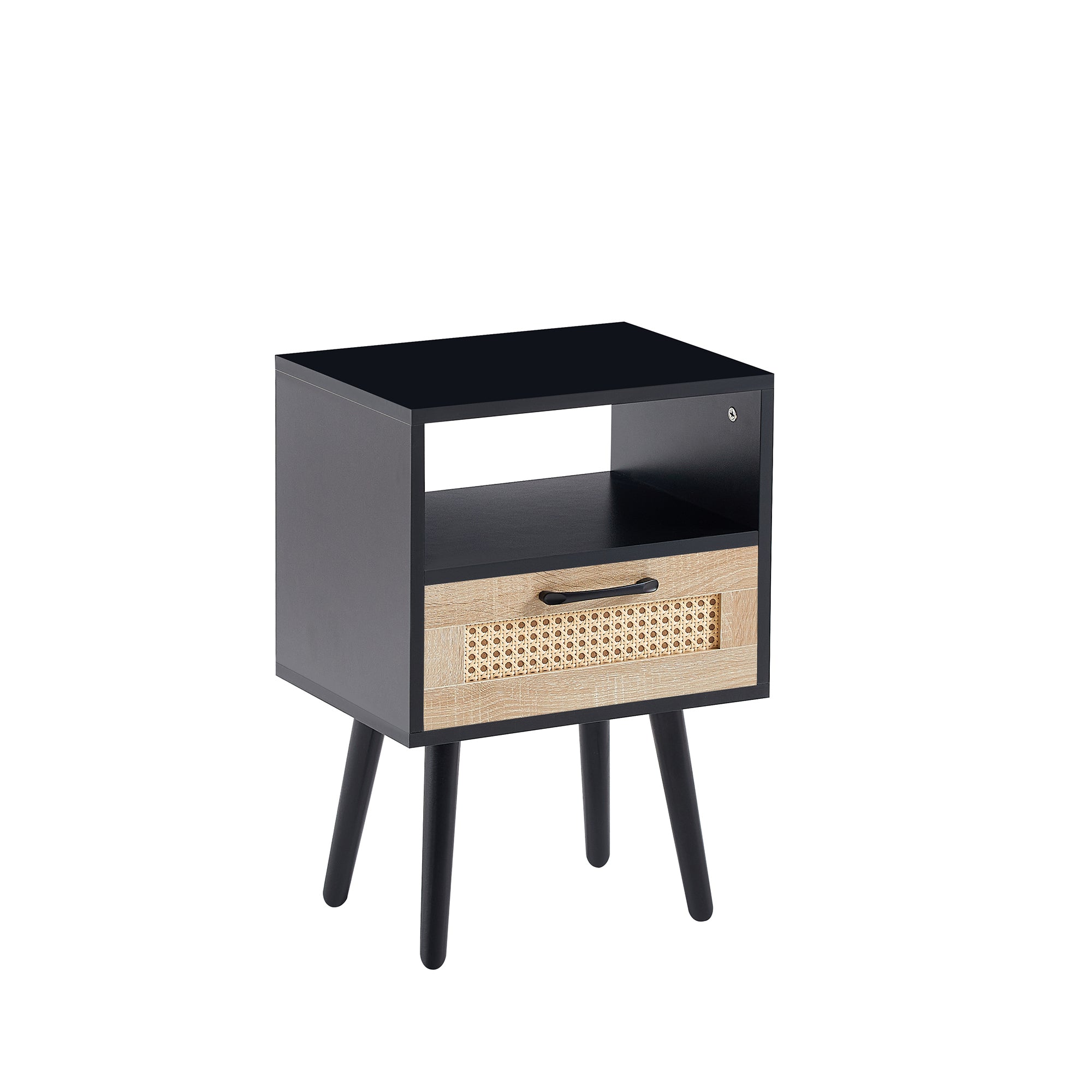 HAOYYE Rattan End Table with Drawer and Solid Wood Legs, Modern Nightstand, Side Table for Living Room, Bedroom, Black, Sturdy and Space-Saving Design, Heavy Duty Construction, Easy Assembly for Adults and Dorm Rooms