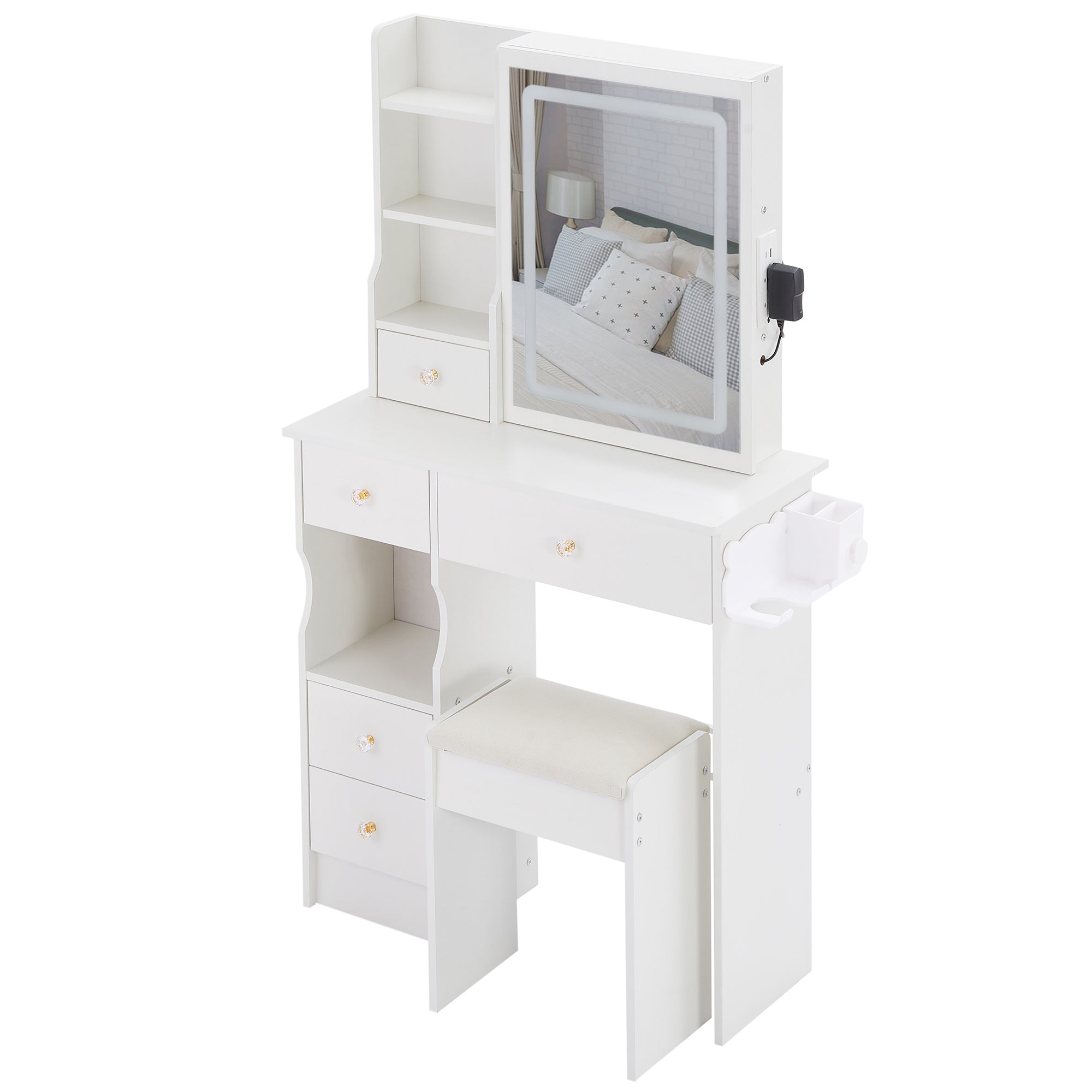 HAOYYE Compact Vanity Table With Left Drawer, Cushioned Stool, Touch-Control Sliding LED Mirror With Tri-Color Switching, Built-In Power Station, Hair Dryer Bracket, Certified By EPA, GCC, And UL