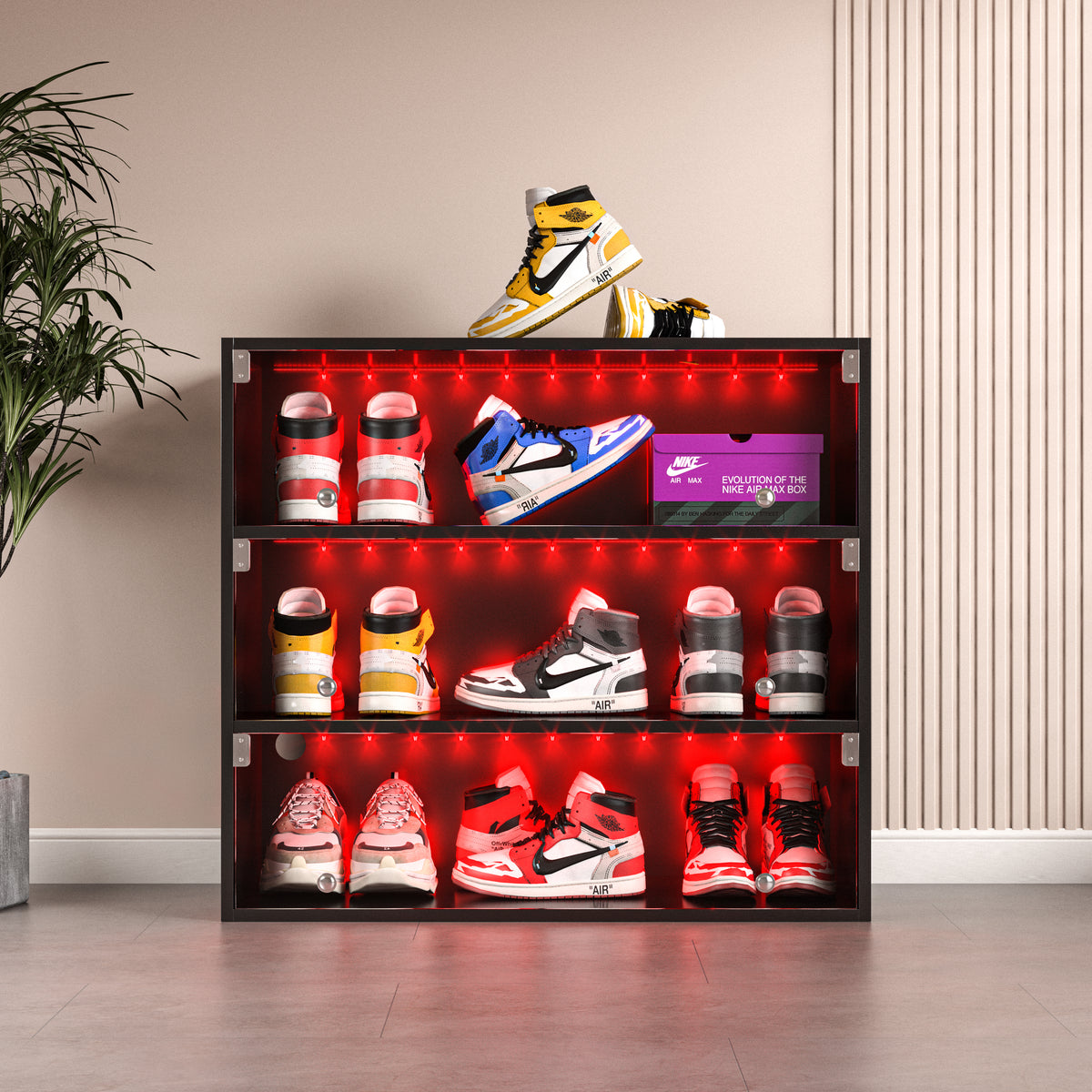 HAOYYE BLACK LED light shoe box three layers with glass doors Sturdy Space-Saving Heavy Duty Modern Design Adults Dorm Room Easy Assembly Bedroom Furniture