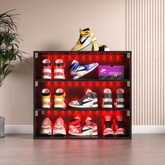 HAOYYE BLACK LED light shoe box three layers with glass doors Sturdy Space-Saving Heavy Duty Modern Design Adults Dorm Room Easy Assembly Bedroom Furniture