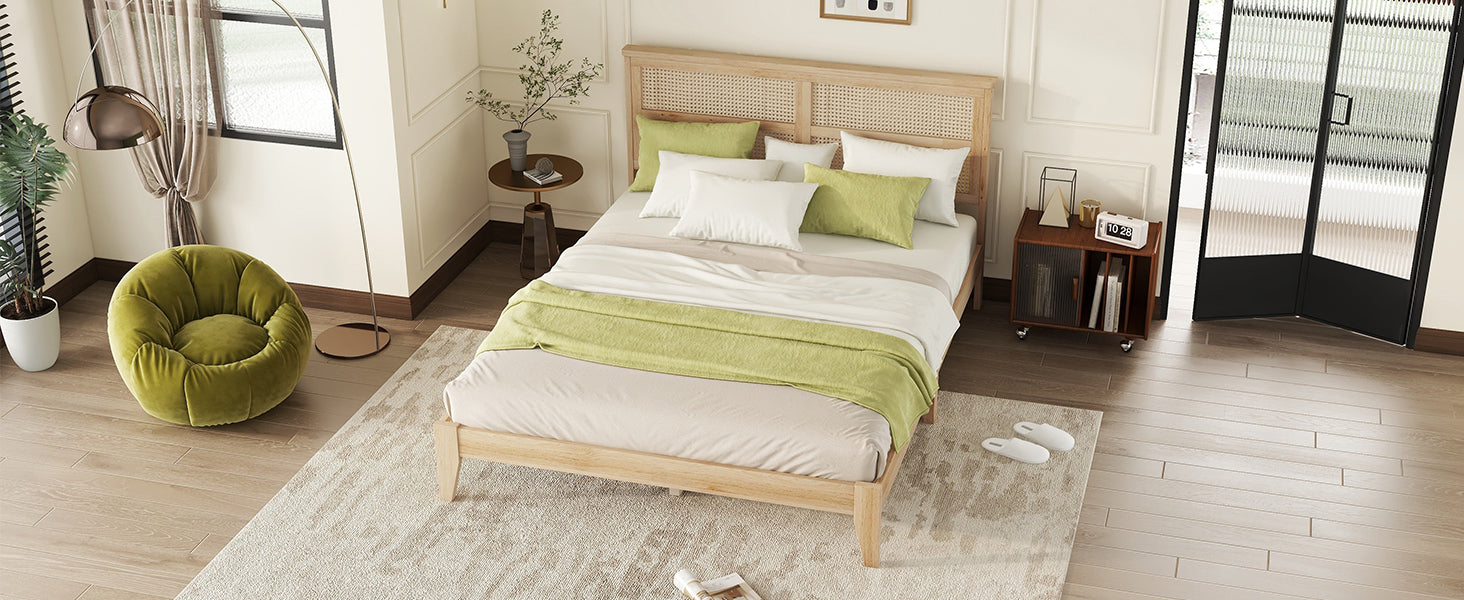 HAOYYE Queen Size Rubber Wooden, Solid Wooden Bed with Rattan Headboard, Enhanced by Support Feet,Oak White Sturdy Space-Saving Heavy Duty Modern Design Adults Dorm Room Easy Assembly Bedroom Furniture