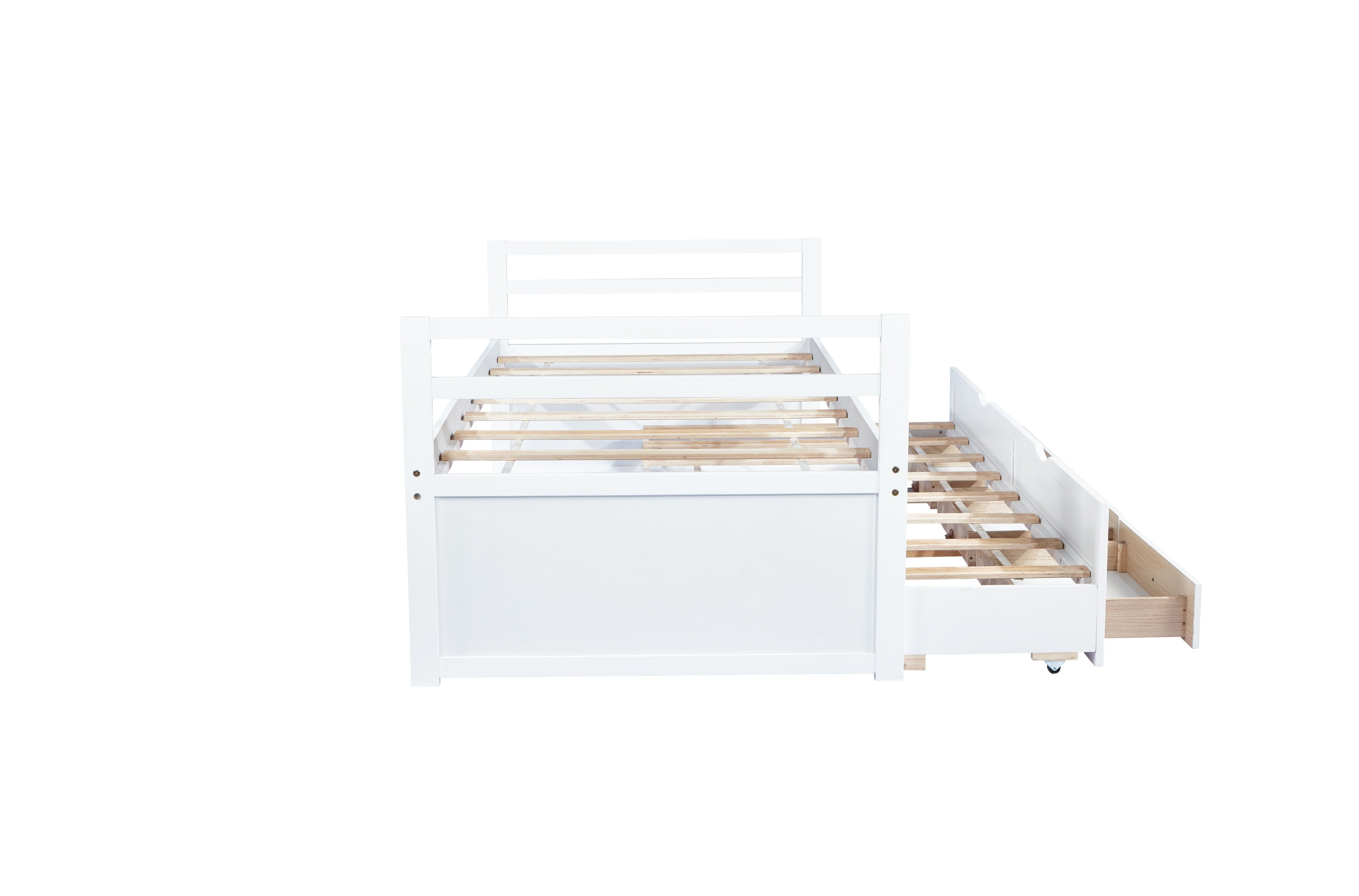HAOYYE Twin Bed with Headboard, Footboard, Trundle and Storage Drawers, Pine Wood Twin Size Bed, White, Sturdy Space-Saving Heavy Duty Construction, Ideal for Adults and Dorm Rooms