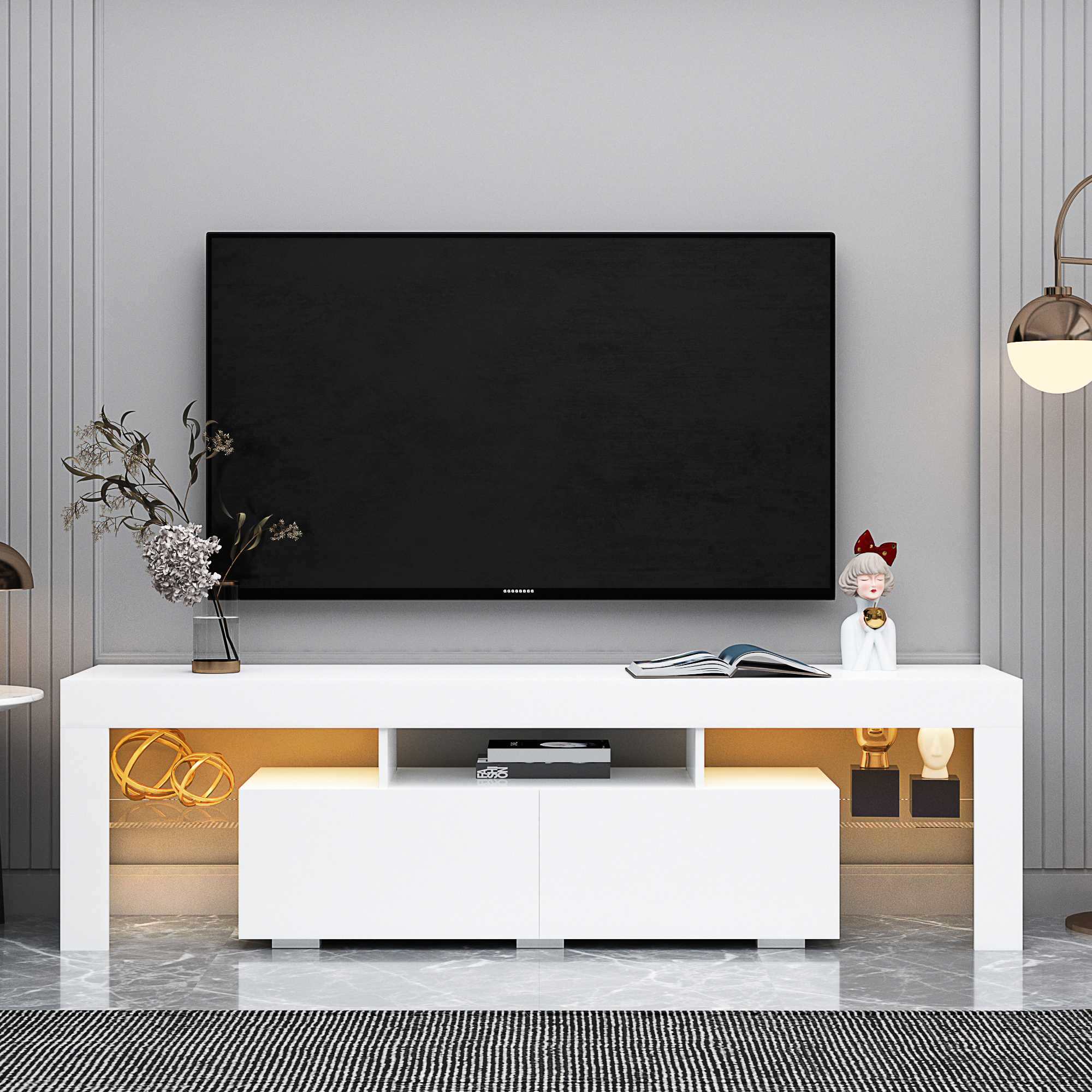 HAOYYE Modern White TV Stand, 20 Colors LED TV Stand w/Remote Control Lights Sturdy Space-Saving Heavy Duty Modern Design Easy Assembly Durable Stylish Home Furniture Versatile