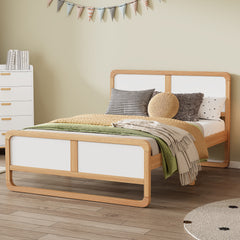 HAOYYE Modern Style Queen Size Solid Wood Platform Bed for , Teens, Adults, No Need Box Spring, Walnut and White Sturdy Space-Saving Heavy Duty Modern Design Dorm Room Easy Assembly Bedroom Furniture