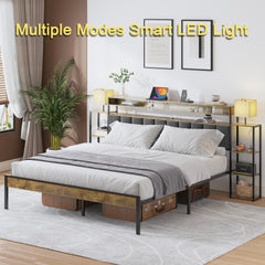 HAOYYE King Bed Frame with Storage, Platform Bed King Size with LED Lights and Charging Station, Dark gray velvet Headboard with Bookcase Shelves, No Box Spring Needed, Noise Free Sturdy Space-Saving