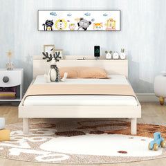 HAOYYE Modern Design Twin Size Platform Bed Frame with Built-in USB Ports for White Washed Color Sturdy Space-Saving Heavy Duty Adults Dorm Room Easy Assembly Bedroom Furniture