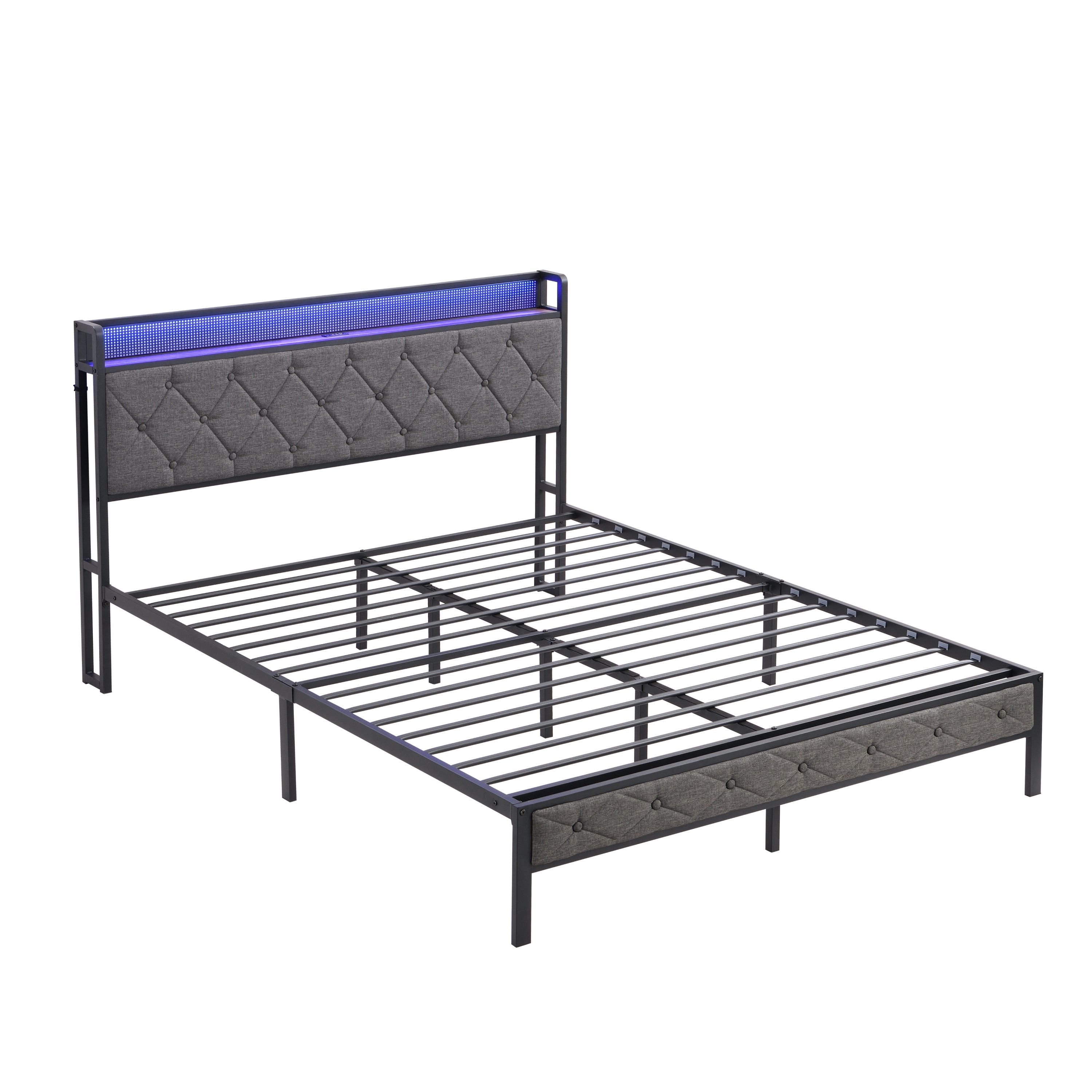 HAOYYE Full Bed Frame with Storage Headboard, Charging Station and LED Lights, Upholstered Platform Bed with Heavy Metal Slats, No Box Spring Needed, Noise Free, Easy Assembly, Dark Gray Sturdy Space-Saving