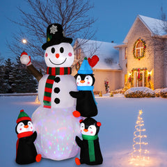 HAOYYE 6FT Inflatable Christmas Snowman Decoration with Three Penguins, Four Light Strings and One Colorful Rotating Light, Holiday Yard Garden Outdoor Decoration for Front Yard Lawn Party Winter Decor