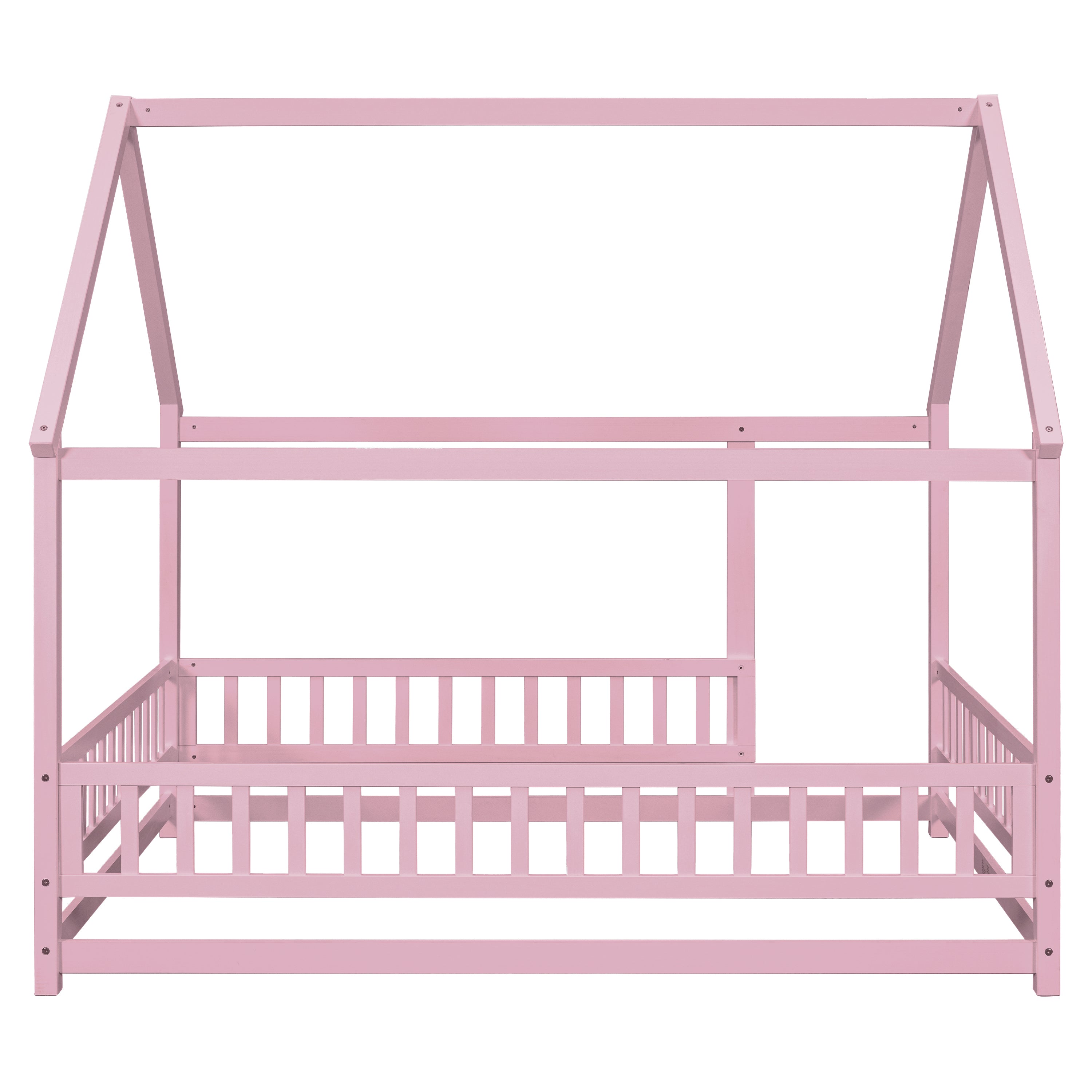 HAOYYE Full Size Floor Wooden Bed with House Roof Frame, Fence Guardrails ,Pink Sturdy Space-Saving Heavy Duty Modern Design Easy Assembly Durable Stylish Home Furniture Versatile