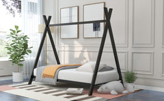 HAOYYE House Bed Tent Bed Frame Twin Size Metal Floor Play House Bed with Slat for Girls Boys , No Box Spring Needed Black Sturdy Space-Saving Heavy Duty Modern Design Easy Assembly Durable Stylish
