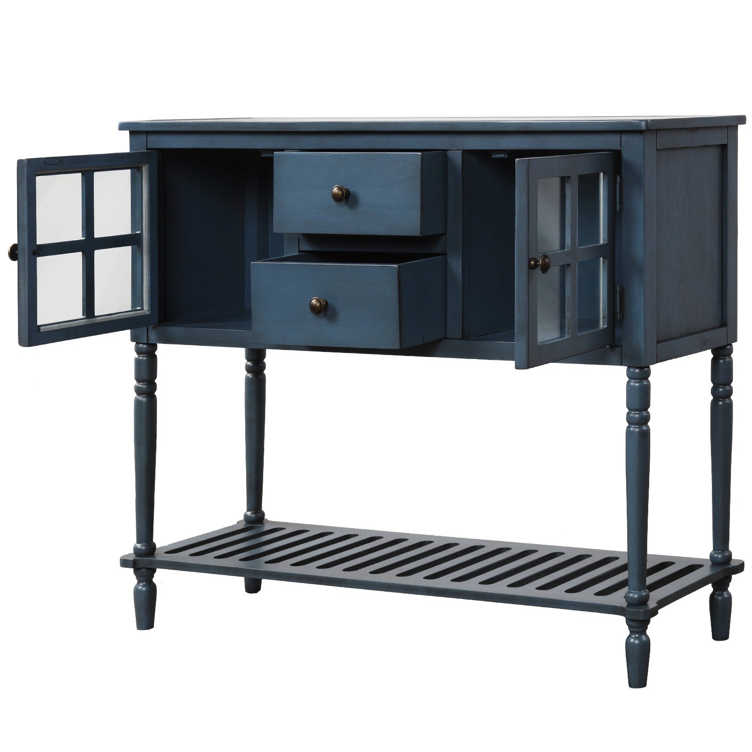 HAOYYE Sideboard Console Table with Bottom Shelf, Farmhouse Wood/Glass Buffet Storage Cabinet Living Room (Antique Navy) Sturdy Space-Saving Heavy Duty Modern Design Easy Assembly Durable Stylish