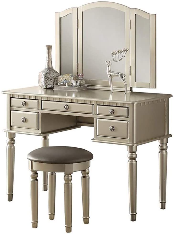 HAOYYE Bedroom Contemporary Vanity Set with Foldable Mirror, Padded Stool & Storage Drawers – Stylish Silver Color, Space-Saving Design for Small Spaces, Elegant Makeup Table for Bedroom or Dressing Room