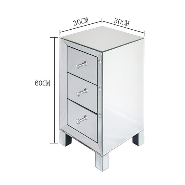 HAOYYE Modern Mirrored Nightstand with 3 Drawers, Contemporary Bedside Table with Glass Surface and Crystal Knobs, Stylish Storage Cabinet for Bedroom Living Room Decor