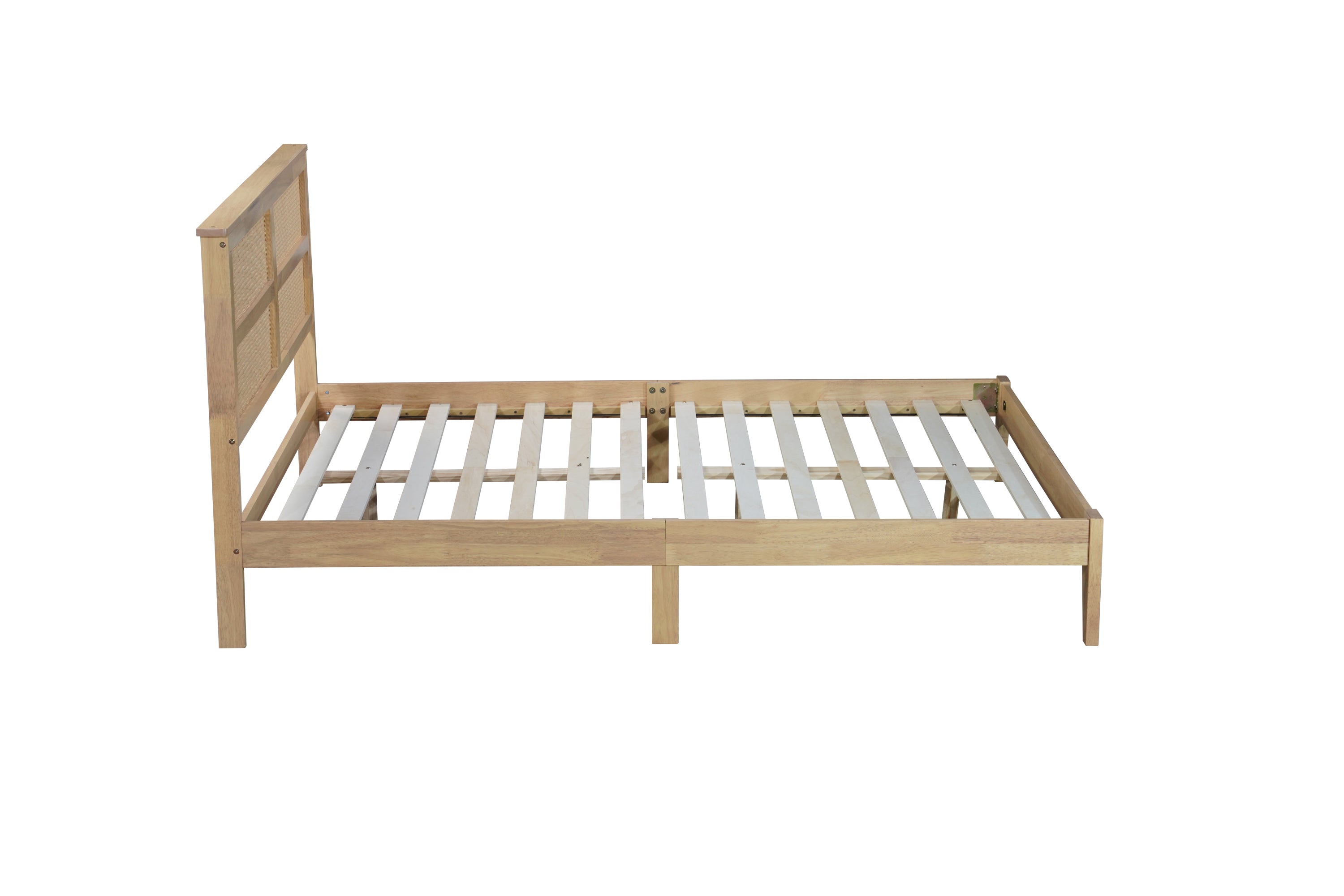 HAOYYE Queen Size Rubber Wooden, Solid Wooden Bed with Rattan Headboard, Enhanced by Support Feet,Oak White Sturdy Space-Saving Heavy Duty Modern Design Adults Dorm Room Easy Assembly Bedroom Furniture