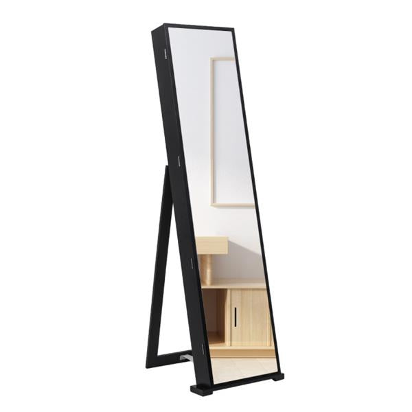 HAOYYE Jewelry Storage Cabinet With Blue LED Light, Upright Jewelry Organizer Cabinet Featuring Full-Length Mirror, Multiple Compartments For Necklaces, Rings, Earrings, Bracelets, Durable Black Finish For Home Use