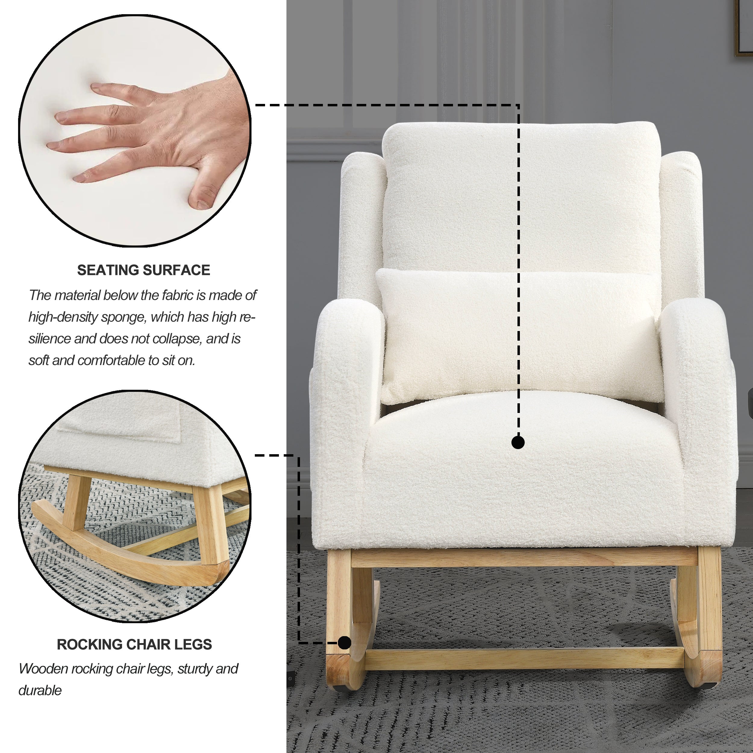 HAOYYE 27.5 "W Modern Accent High Back Living Room Casual Armchair Rocker with One Lumbar Pillow, Two Side Pockets,Teddy White (Ivory) Sturdy Space-Saving Heavy Duty Modern Design Adults