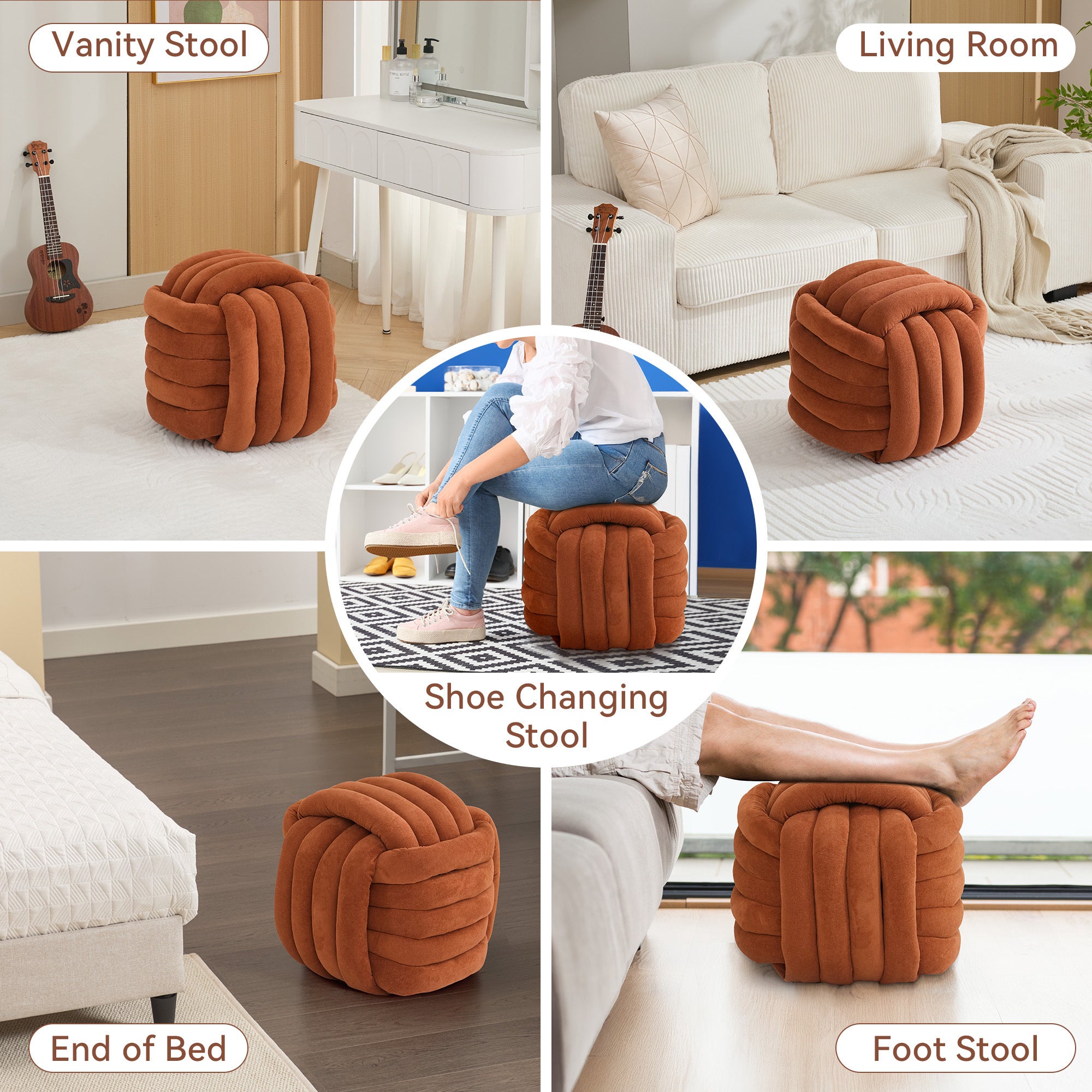 Haoyye Modern Chenille Fabric Knot Design Ottoman Makeup Stool Footstool, Comfortable and Stylish Seat, Perfect for Living Room and Bedroom, Space-Saving Heavy Duty Construction, Durable Furniture for Adults Dorm Room