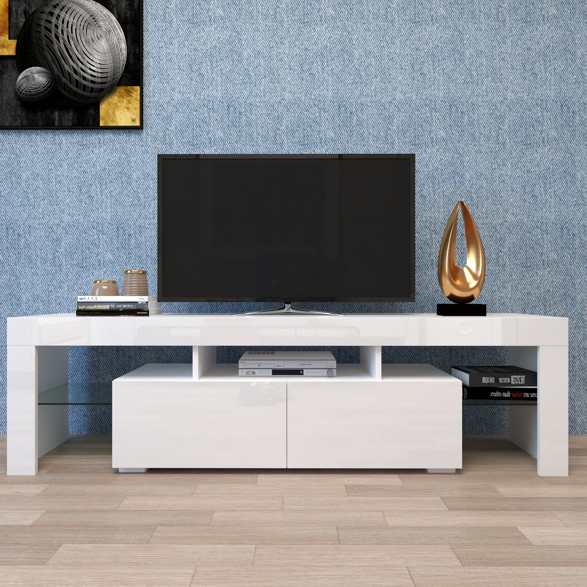 HAOYYE Modern White TV Stand, 20 Colors LED TV Stand w/Remote Control Lights Sturdy Space-Saving Heavy Duty Modern Design Easy Assembly Durable Stylish Home Furniture Versatile