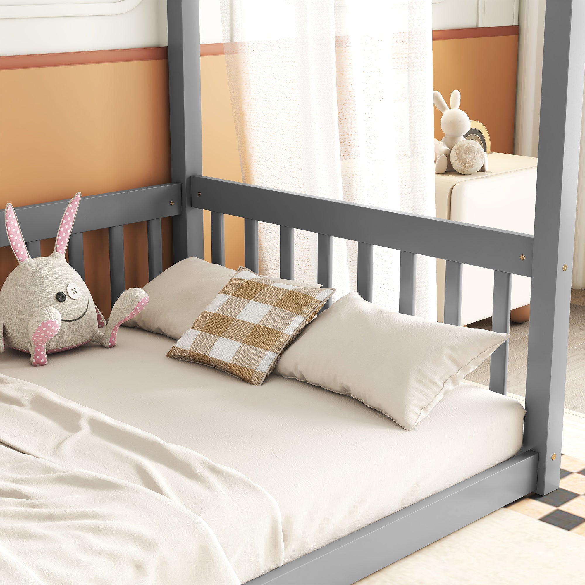 HAOYYE Twin Size Canopy Frame Floor Bed with Fence, Guardrails,Grey Sturdy Space-Saving Heavy Duty Modern Design Adults Dorm Room Easy Assembly Bedroom Furniture