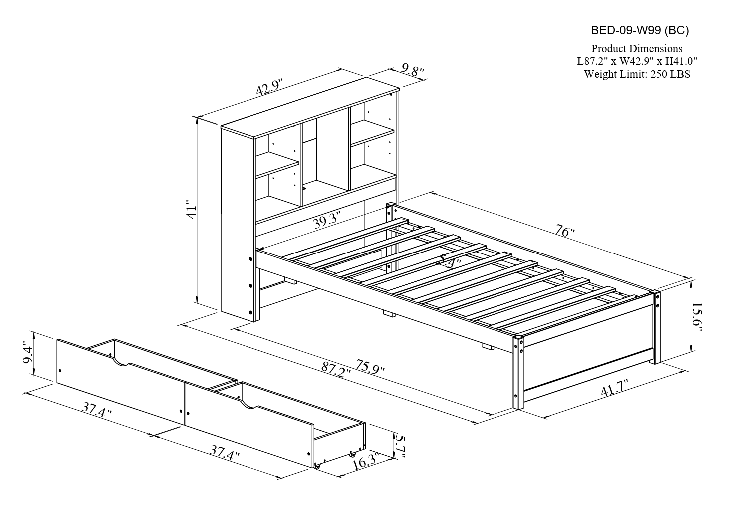 HAOYYE Twin Bed Frame with USB Port, Bookcase Headboard and Storage Drawers, Walnut Finish, Sturdy Space-Saving Design, Heavy Duty, Easy Assembly, Ideal for Bedroom and Dorm Room