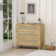 HAOYYE 31.50-Inch 3-Drawer Rattan Storage Cabinet for Bedroom, Living Room, Dining Room, and Hallways, Oak Finish, Sturdy Space-Saving Heavy Duty Modern Design, Easy Assembly for Adults and Dorm Rooms