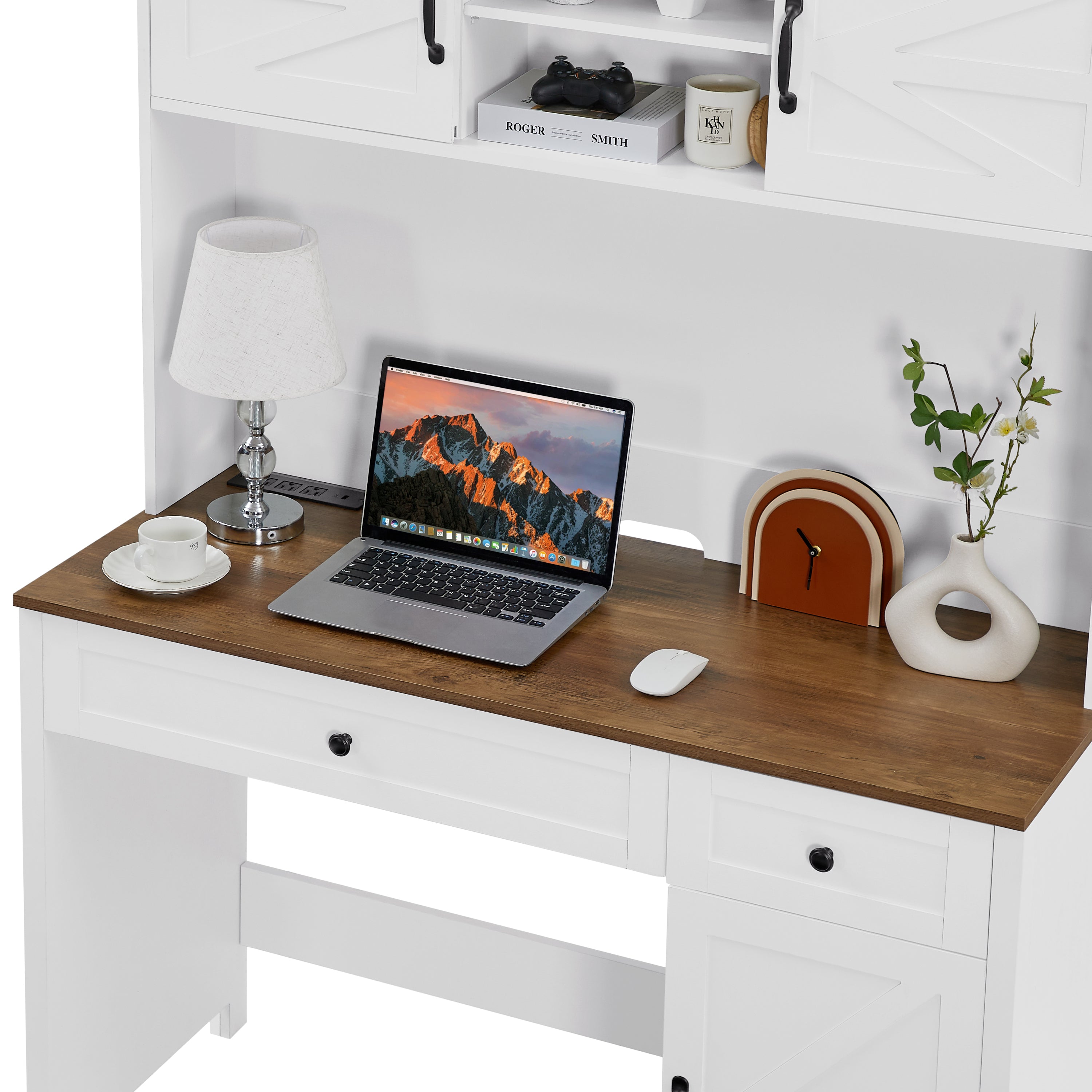HAOYYE Farmhouse Executive Desk With Drawers, Rustic Home Office Desk With Charging Station, File Drawer, Storage Cabinet, Sturdy Space-Saving Heavy Duty Computer Writing Desk (Antique White)
