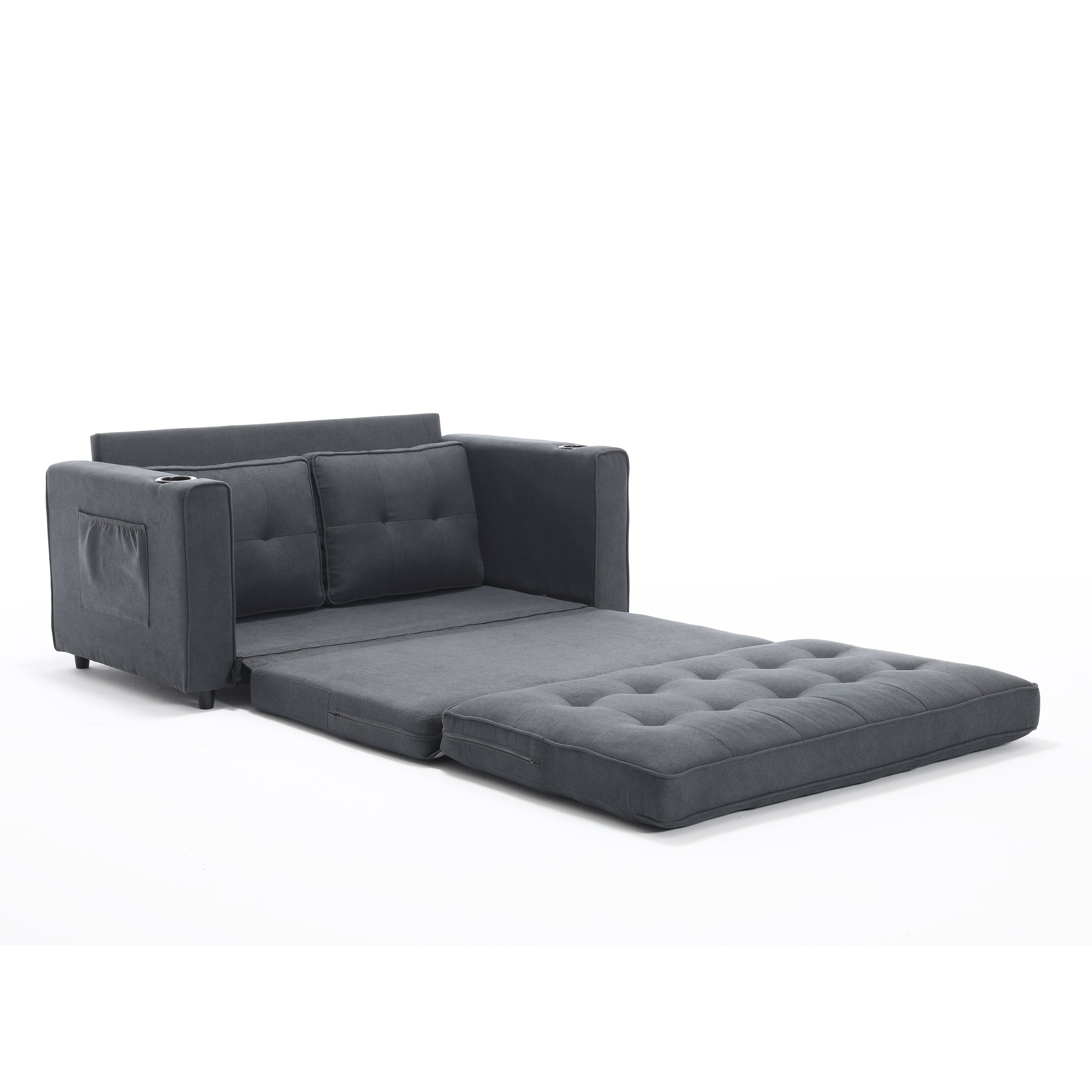 HAOYYE 3-in-1 Upholstered Convertible Futon Sofa Bed, Foldable Tufted Loveseat with Pull-Out Sleeper, Daybed with Side Pockets and Cup Holder, Dark Gray Sturdy Space-Saving Modern Design Easy Assembly