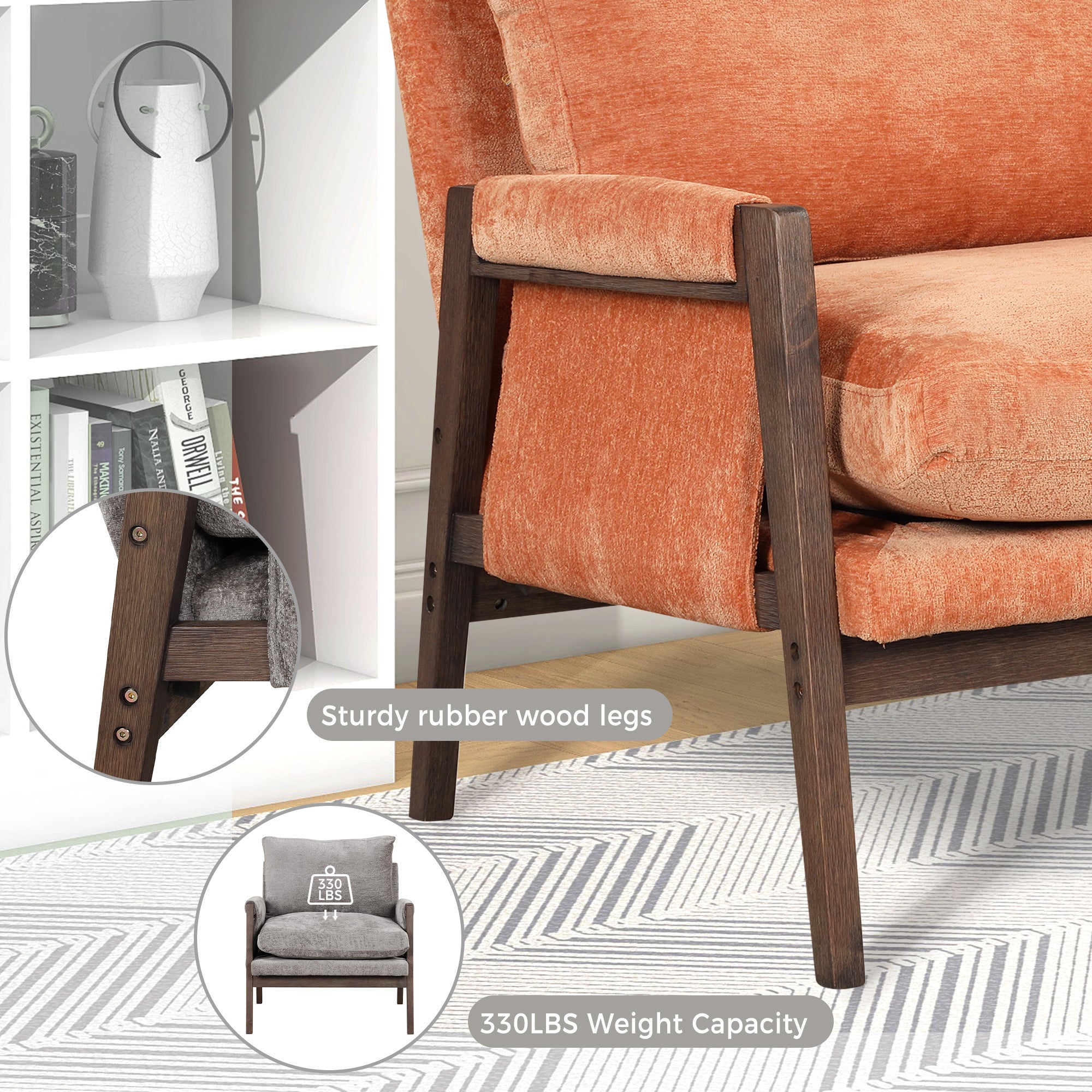 HAOYYE Mid-Century Modern Velvet Accent Chair,Leisure Chair with Solid Wood and Thick Seat Cushion for Living Room,Bedroom,Studio,Orange Sturdy Space-Saving Heavy Duty Modern Design Adults Dorm Room