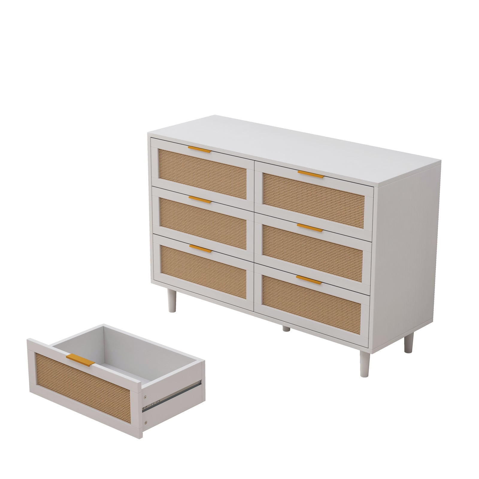 HAOYYE 6-Drawer Rattan Storage Cabinet with White Finish, Stylish and Functional Organizer for Bedroom, Living Room, or Hallway, Elegant Rattan Drawer Design, Space-Saving
