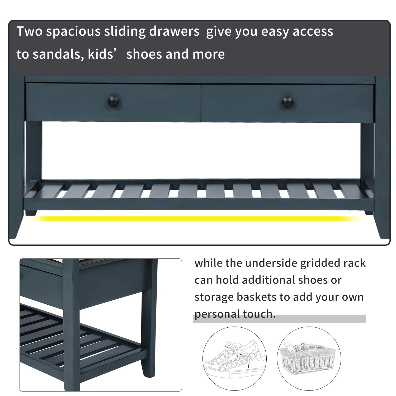 HAOYYE Shoe Rack with Cushioned Seat and Drawers, Multipurpose Entryway Storage Bench, Antique Navy, Sturdy Space-Saving Design, Heavy Duty Construction, Easy Assembly, Durable and Stylish Home Furniture, Versatile for Hallway or Bedroom Use