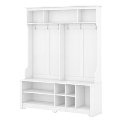 HAOYYE Modern Hallway Hall Tree with Metal Hooks and Storage Space, Multi-Functional Entryway Coat Rack with Shoe Cubbies, White Sturdy Space-Saving Heavy Duty Modern Design