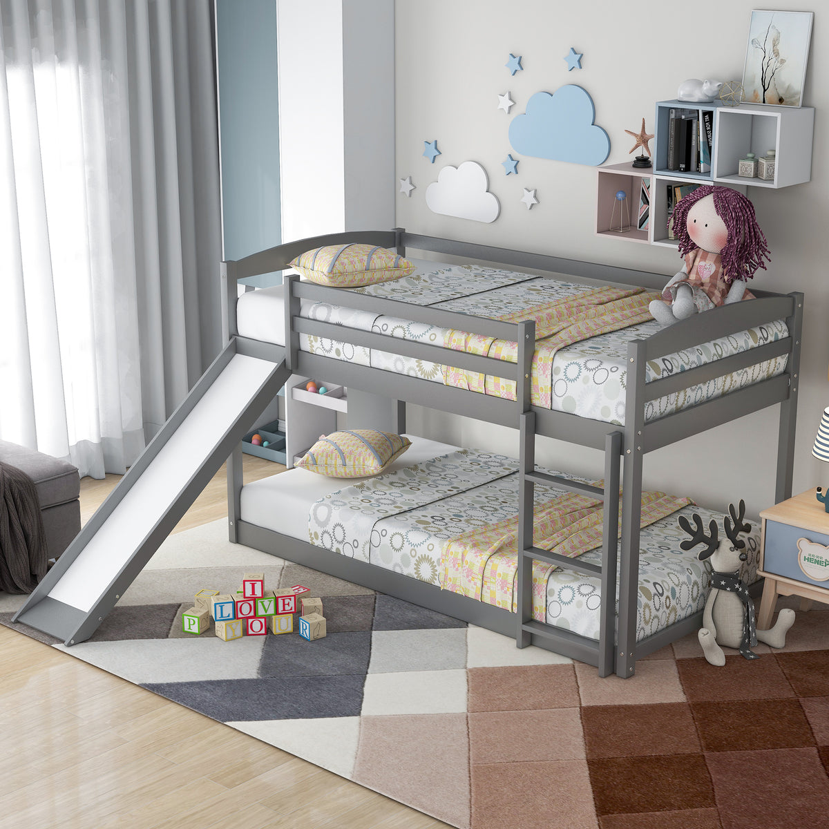 HAOYYE Twin over Twin Bunk Bed with Convertible Slide and Ladder , Gray(Old SKU:WF281725AAE) Sturdy Space-Saving Heavy Duty Modern Design Adults Dorm Room Easy Assembly Bedroom Furniture
