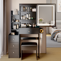 HAOYYE Small Space Left Bedside Cabinet Vanity Table + Cushioned Stool, 2 AC+2 USB Power Station, Hair dryer bracket, Extra Large Touch Control Sliding LED Mirror, Tri-color Switching, Brightness Adjustable