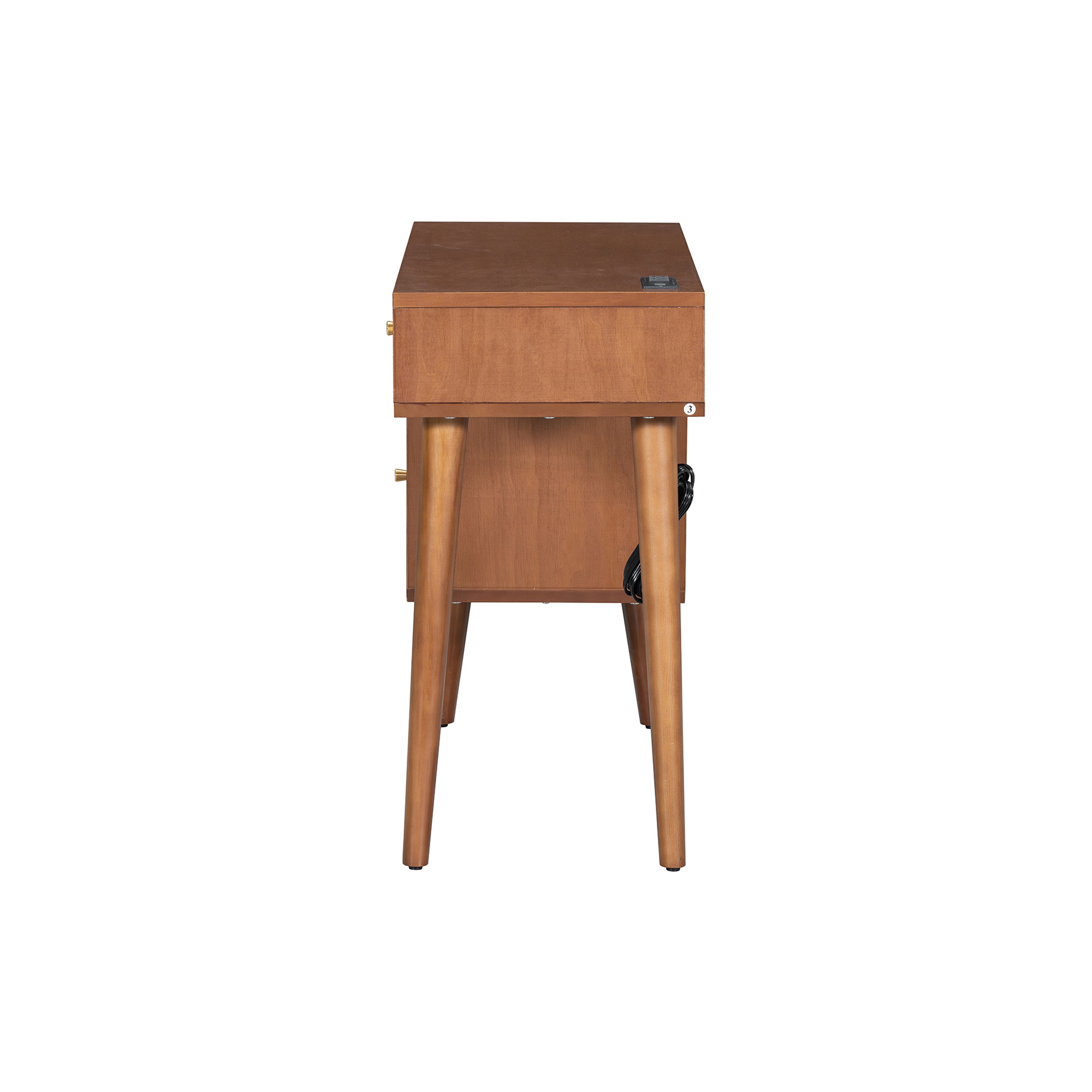 HAOYYE 39" Retro Bohemian Style Wooden Makeup Vanity Set with Charging Plug&USB Port and Stool, Dressing Table with 3 Storage Drawers and 1 Rectangular Rattan Drawer, Walnut