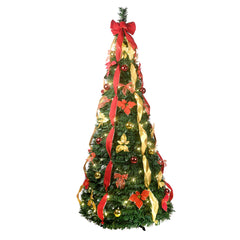 HAOYYE Artificial Green Pop Up Christmas Tree with 200 LED Lights, Gold and Red Balls and Flowers, Red Bows and Ribbons, Fireproof PVC, Hinged Automatic Setup, Foldable Base for Easy Assembly and Storage, Perfect Indoor Holiday Decor